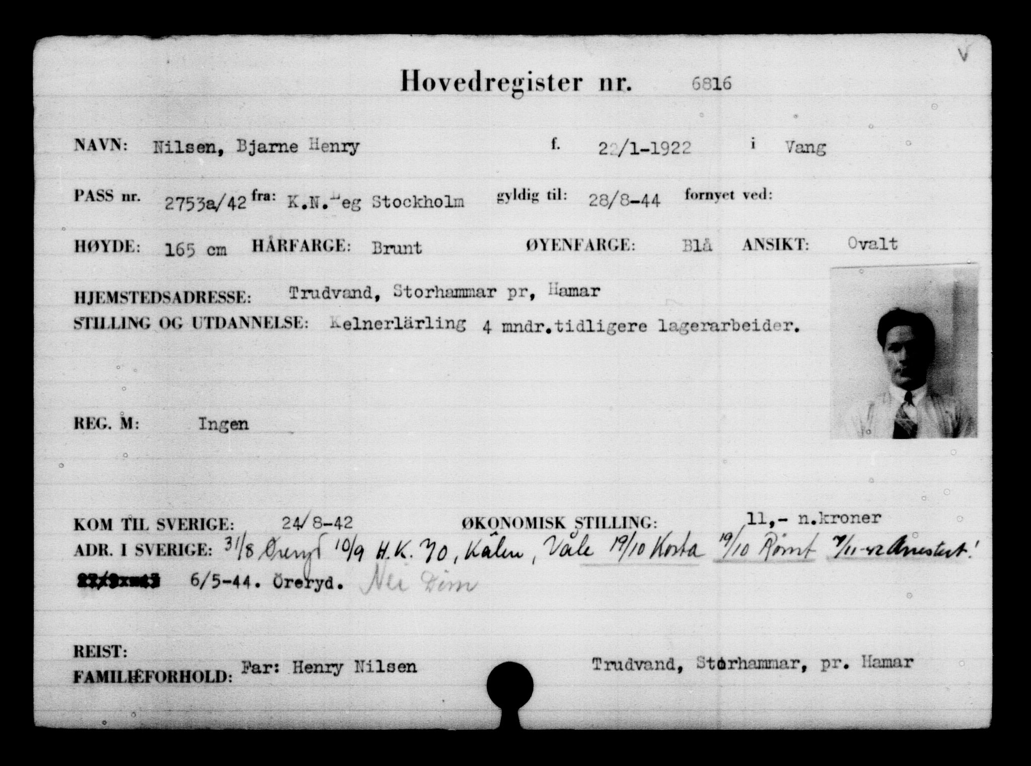 Utenriksstasjonene, Legasjonen i Stockholm, Flyktningkontoret, AV/RA-S-6753/V/Va/L0005: Kjesäterkartoteket, flyktning nr. 6600-9417, 1940-1945, s. 261