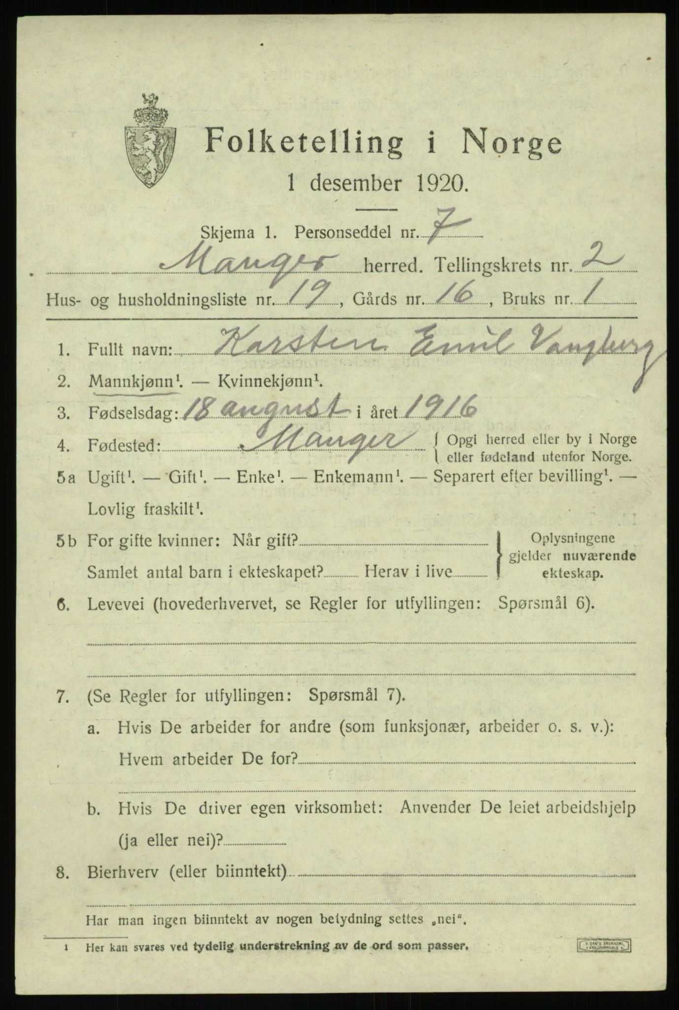 SAB, Folketelling 1920 for 1261 Manger herred, 1920, s. 2207