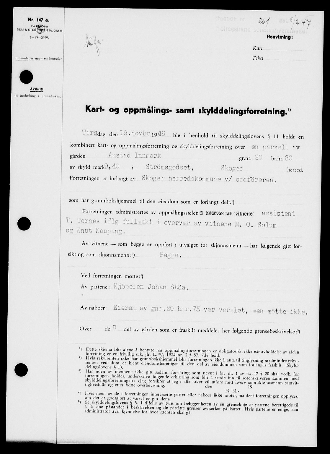 Holmestrand sorenskriveri, SAKO/A-67/G/Ga/Gaa/L0061: Pantebok nr. A-61, 1946-1947, Dagboknr: 261/1947