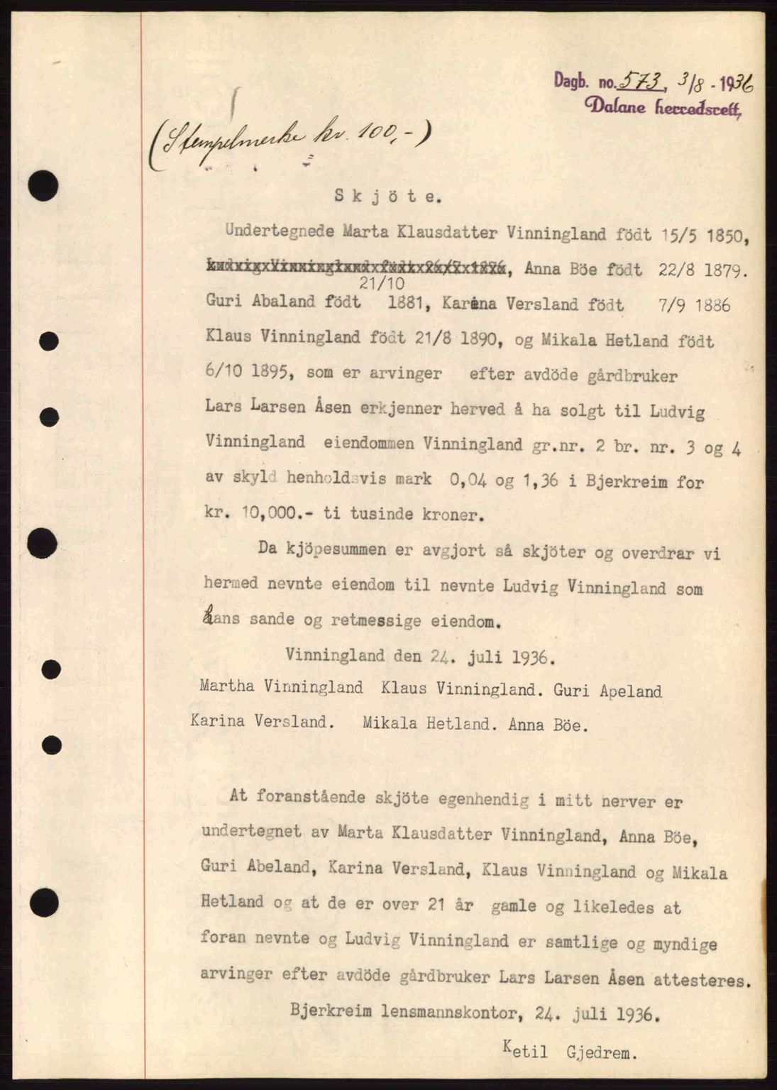Dalane sorenskriveri, SAST/A-100309/02/G/Gb/L0040: Pantebok nr. A1, 1936-1936, Dagboknr: 573/1936