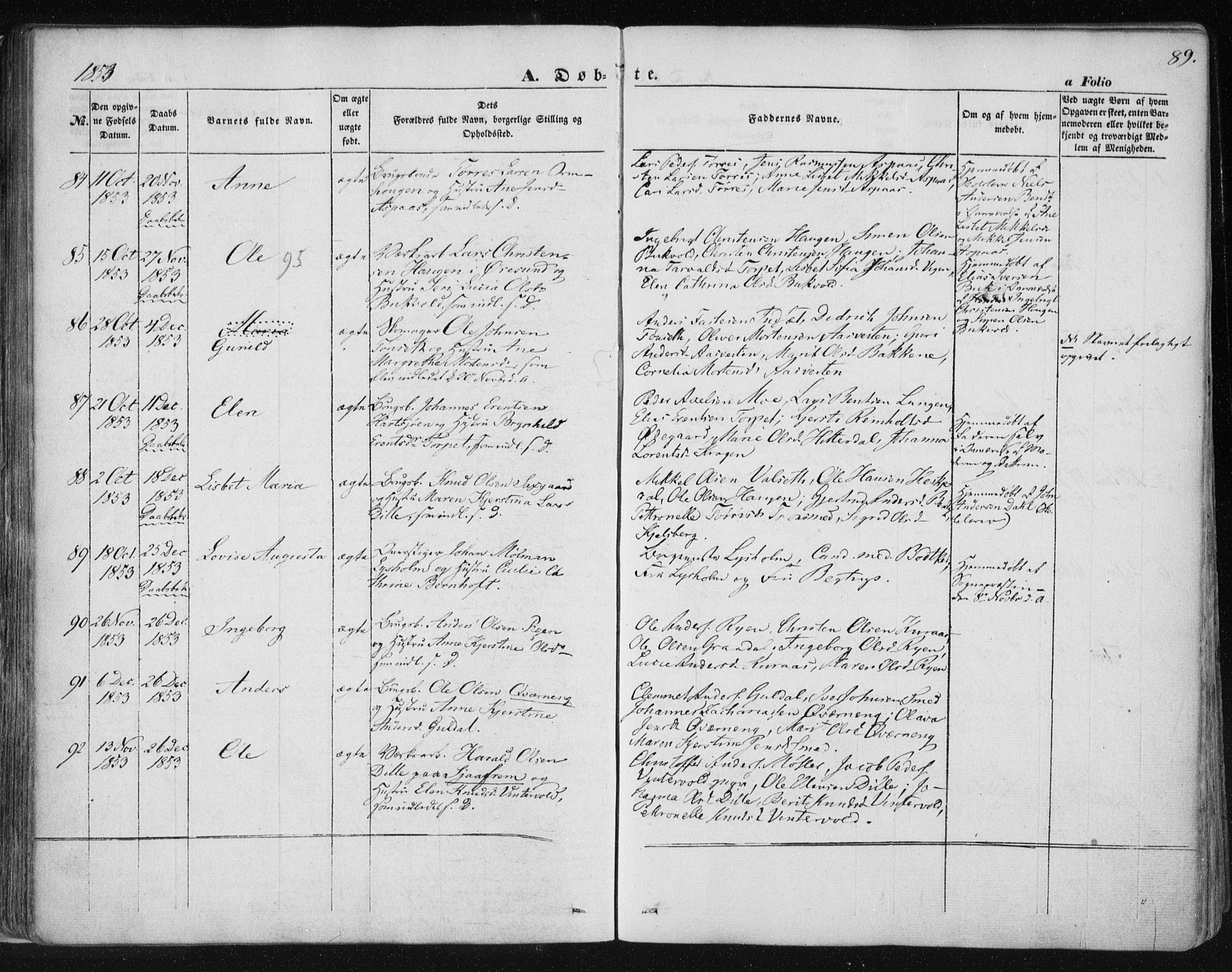Ministerialprotokoller, klokkerbøker og fødselsregistre - Sør-Trøndelag, SAT/A-1456/681/L0931: Ministerialbok nr. 681A09, 1845-1859, s. 89