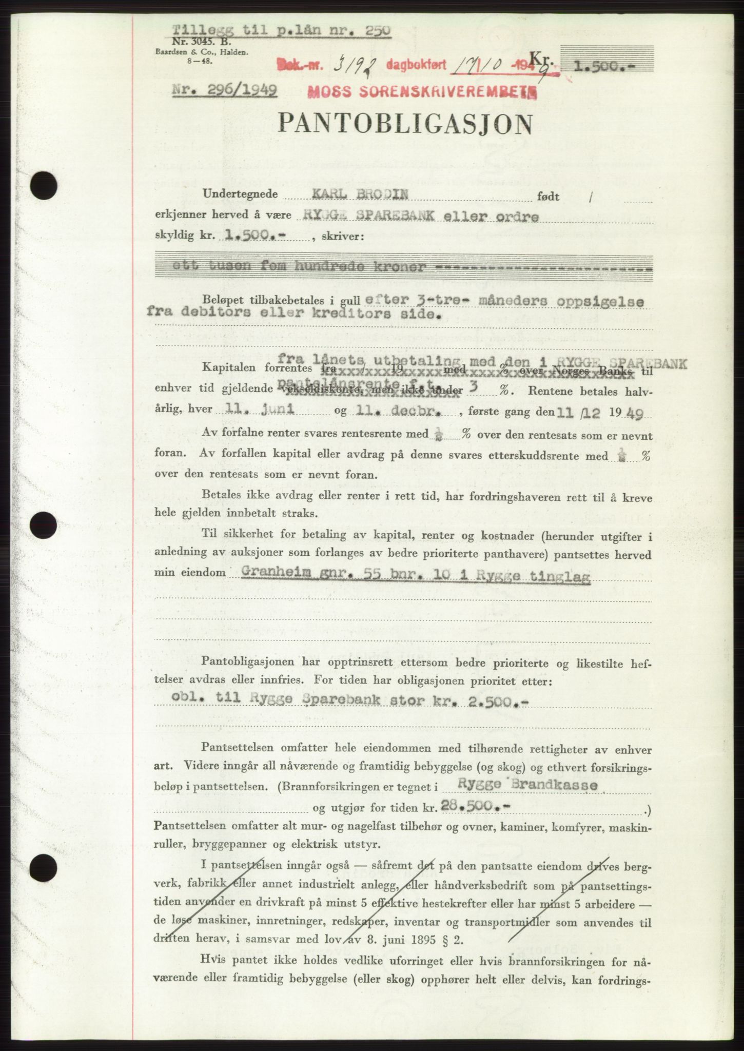 Moss sorenskriveri, SAO/A-10168: Pantebok nr. B23, 1949-1950, Dagboknr: 3192/1949