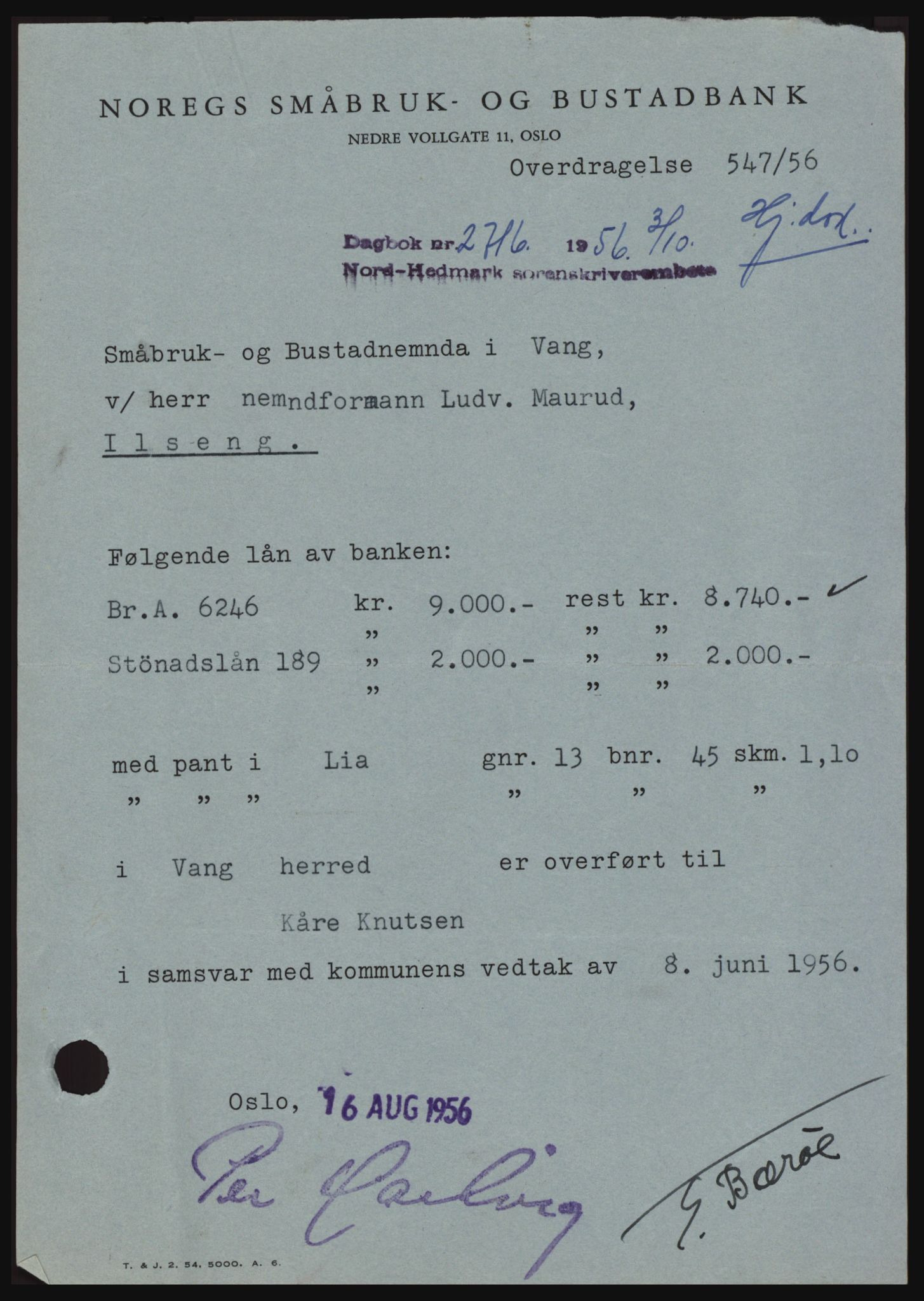 Nord-Hedmark sorenskriveri, SAH/TING-012/H/Hc/L0011: Pantebok nr. 11, 1956-1957, Dagboknr: 2716/1956