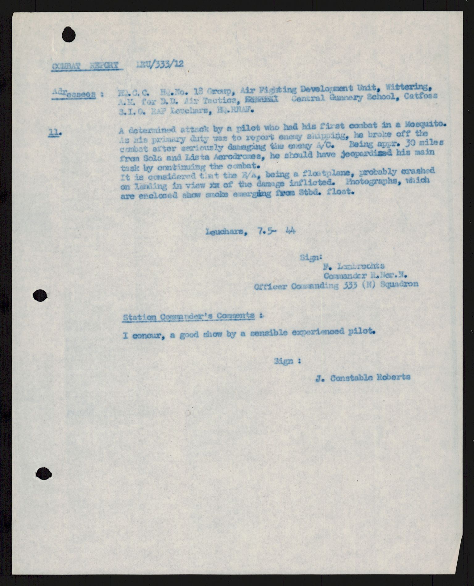 Forsvaret, 333 Skvadron, AV/RA-RAFA-2003/1/Da/L0041: Combat, Crash and and Circumstantial Reports , 1943-1945, s. 339