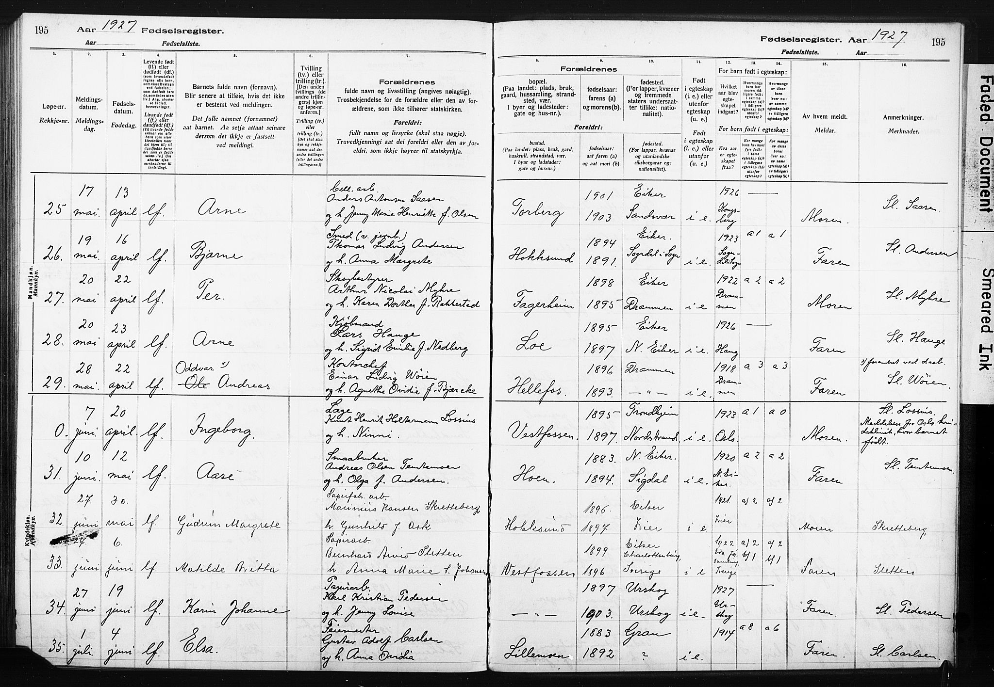 Eiker kirkebøker, AV/SAKO-A-4/J/Ja/L0001: Fødselsregister nr. I 1, 1916-1927, s. 195