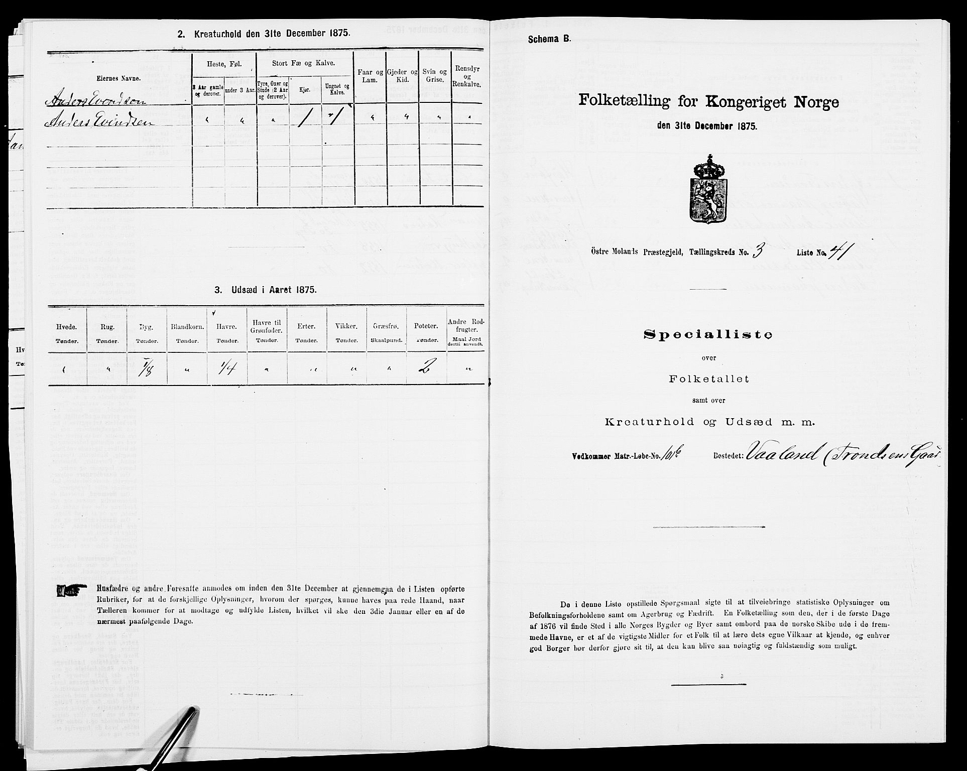 SAK, Folketelling 1875 for 0918P Austre Moland prestegjeld, 1875, s. 3124