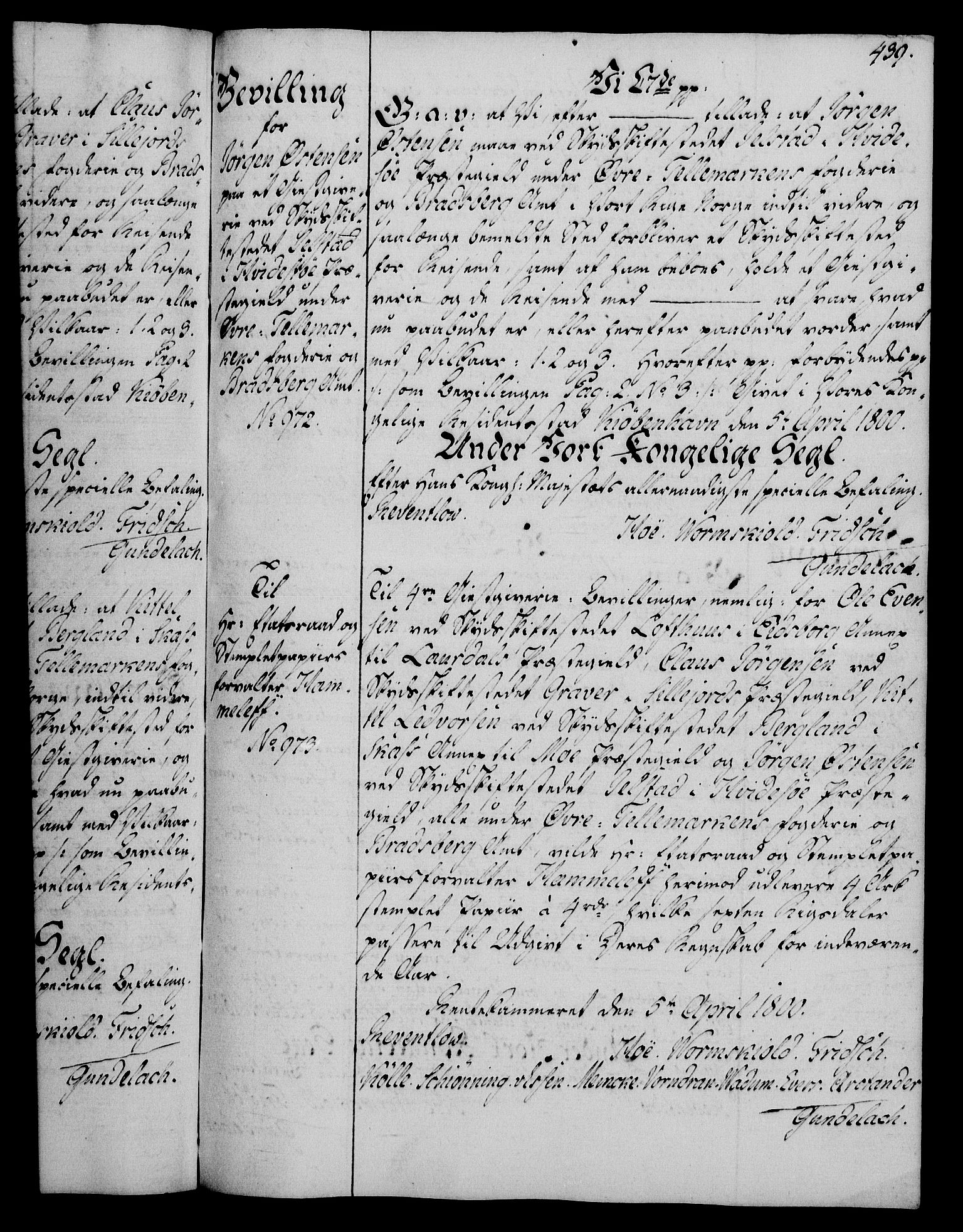 Rentekammeret, Kammerkanselliet, RA/EA-3111/G/Gg/Gga/L0016: Norsk ekspedisjonsprotokoll med register (merket RK 53.16), 1794-1800, s. 439
