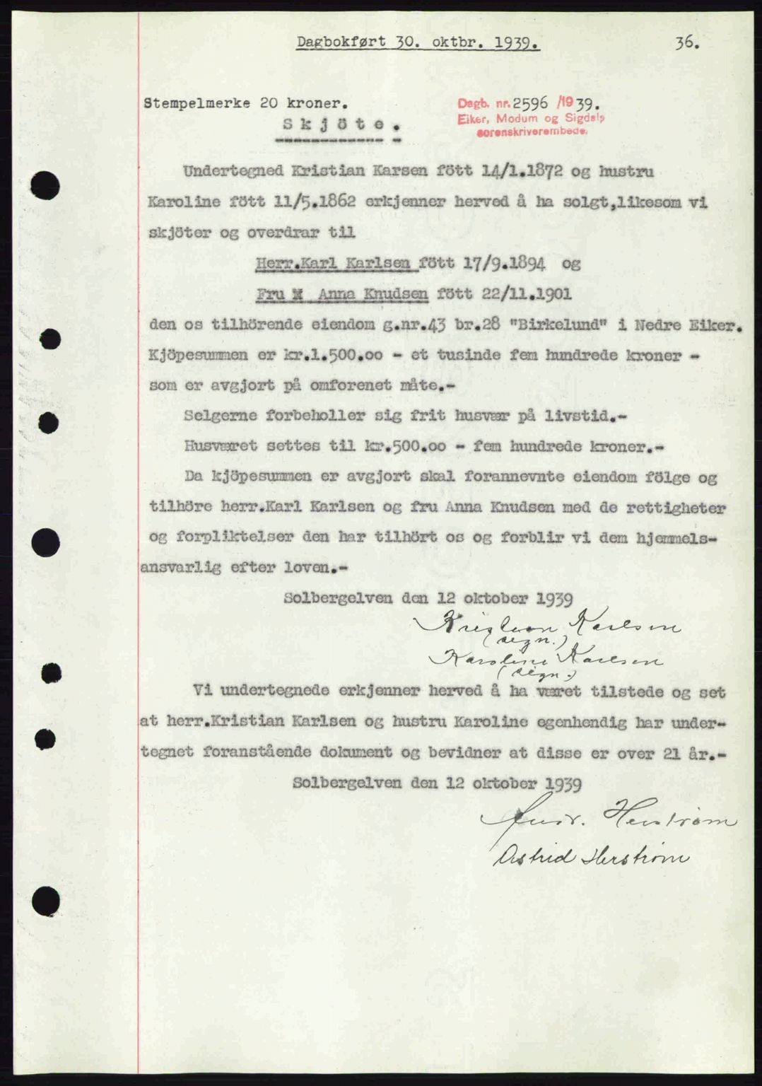 Eiker, Modum og Sigdal sorenskriveri, SAKO/A-123/G/Ga/Gab/L0041: Pantebok nr. A11, 1939-1940, Dagboknr: 2596/1939