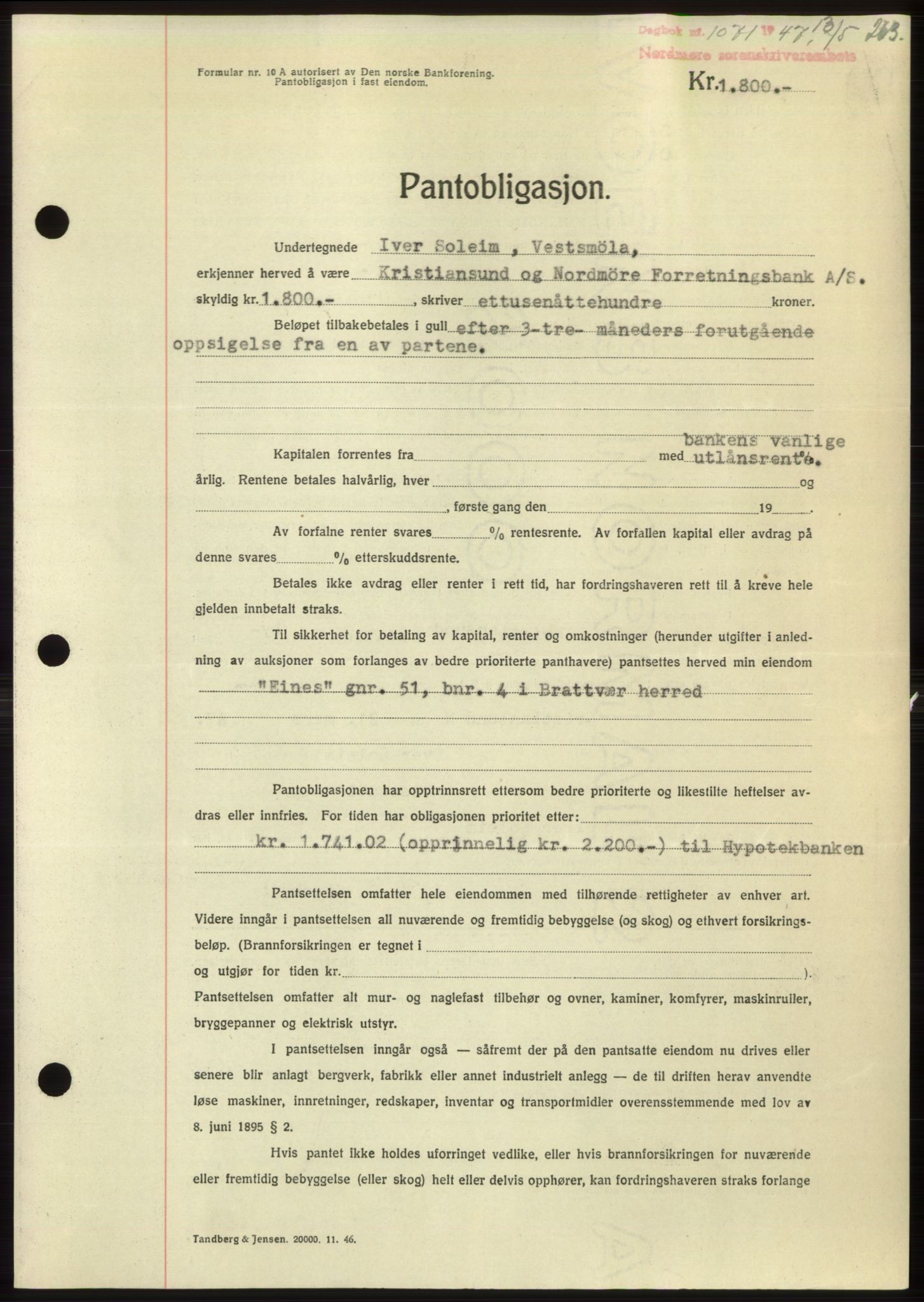 Nordmøre sorenskriveri, SAT/A-4132/1/2/2Ca: Pantebok nr. B96, 1947-1947, Dagboknr: 1071/1947