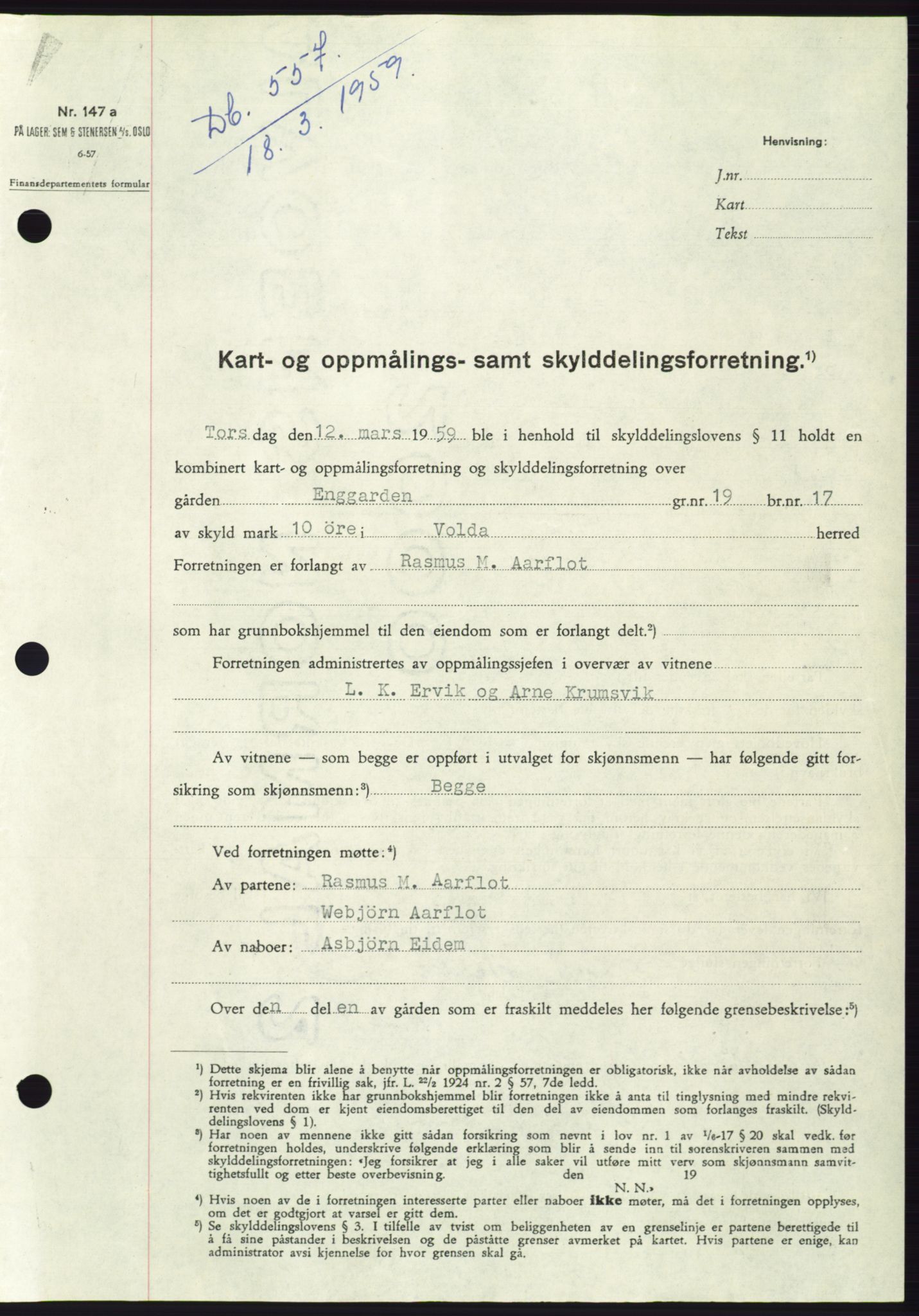 Søre Sunnmøre sorenskriveri, SAT/A-4122/1/2/2C/L0112: Pantebok nr. 38A, 1959-1959, Dagboknr: 557/1959