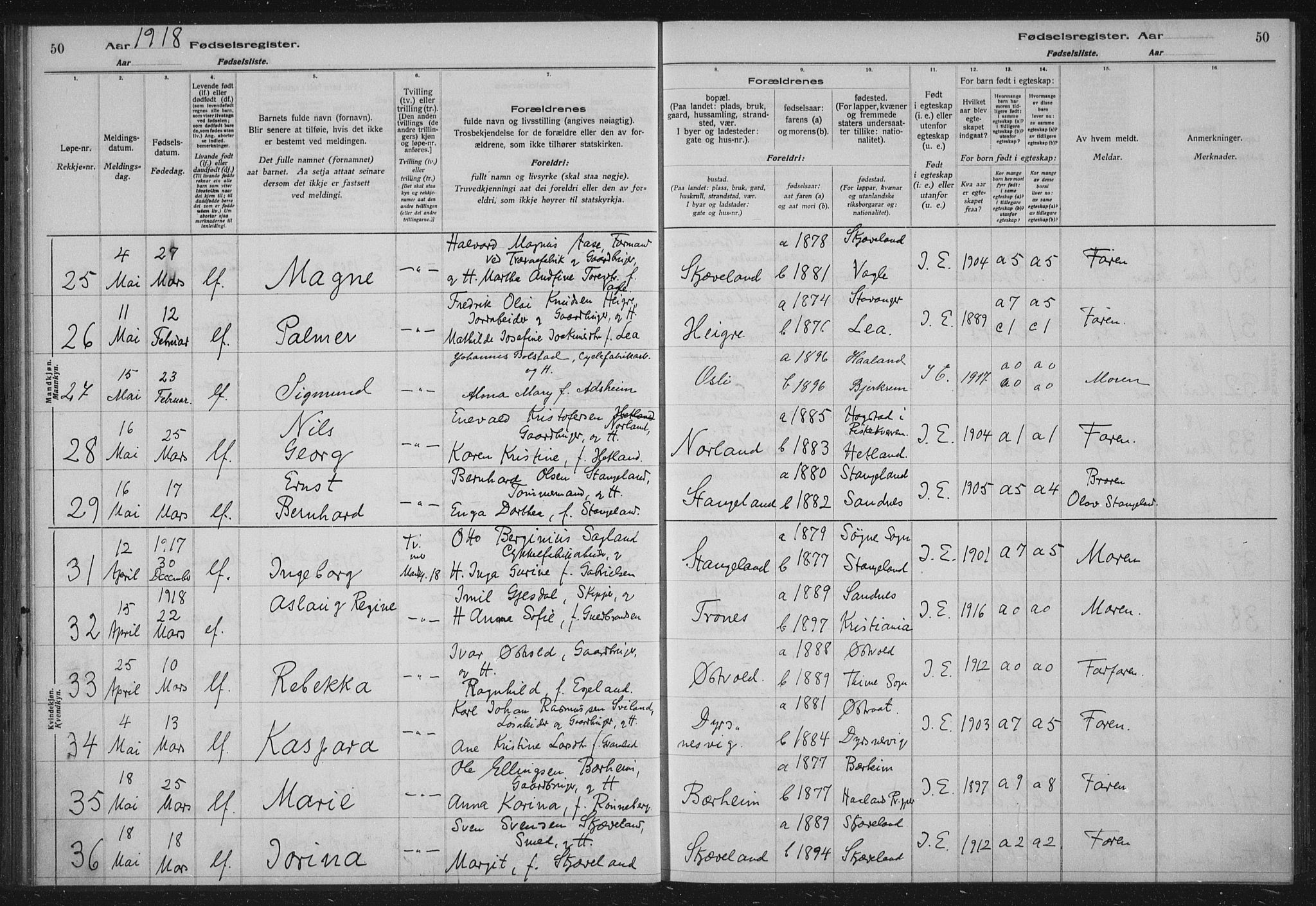 Høyland sokneprestkontor, AV/SAST-A-101799/002/O/L0001: Fødselsregister nr. 1, 1916-1924, s. 50