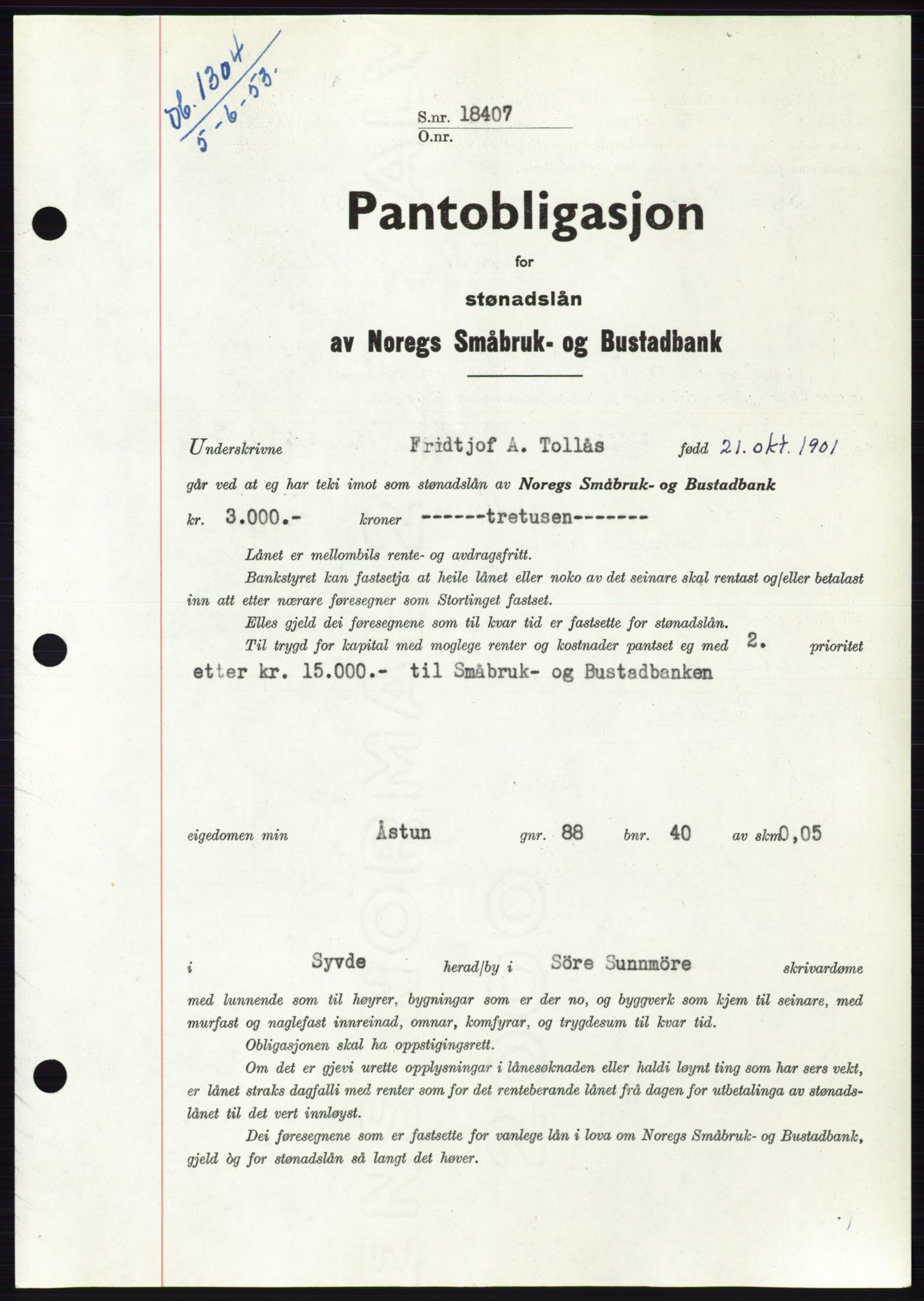 Søre Sunnmøre sorenskriveri, SAT/A-4122/1/2/2C/L0123: Pantebok nr. 11B, 1953-1953, Dagboknr: 1304/1953