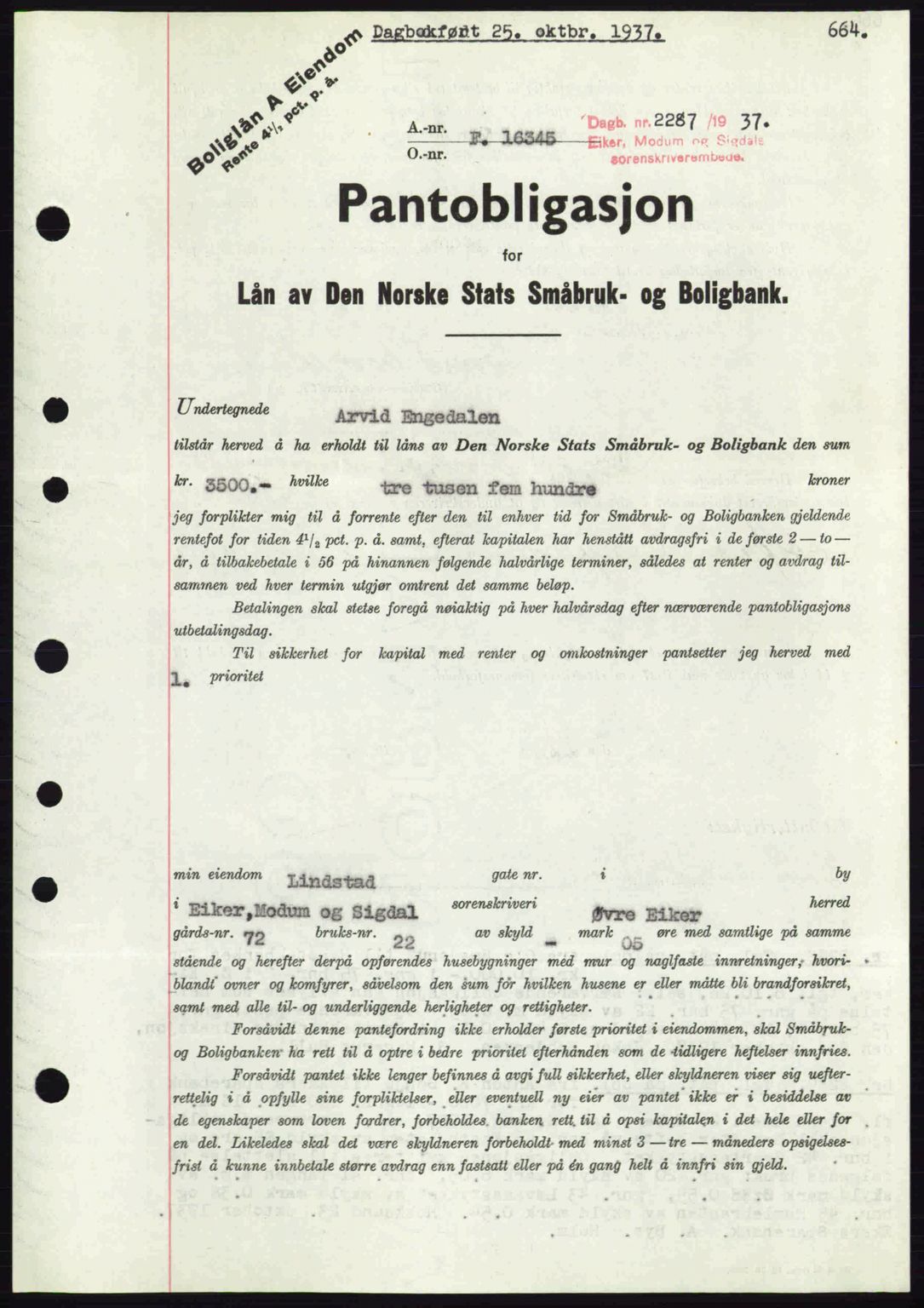 Eiker, Modum og Sigdal sorenskriveri, SAKO/A-123/G/Ga/Gab/L0036: Pantebok nr. A6, 1937-1937, Dagboknr: 2287/1937