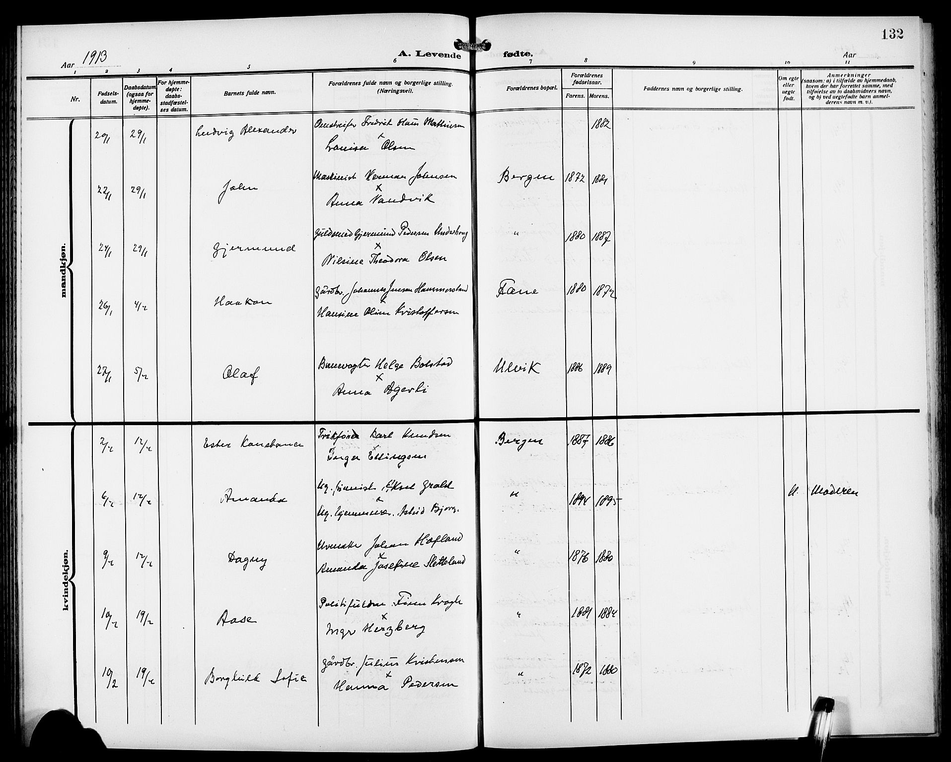 Fødselsstiftelsens sokneprestembete*, SAB/-: Klokkerbok nr. A 2, 1909-1916, s. 132