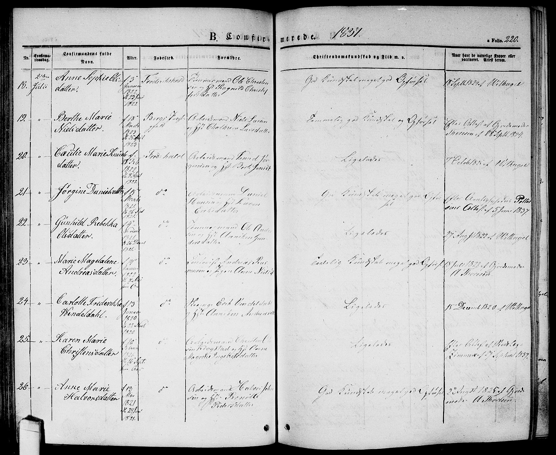 Halden prestekontor Kirkebøker, AV/SAO-A-10909/G/Ga/L0003: Klokkerbok nr. 3, 1834-1844, s. 220