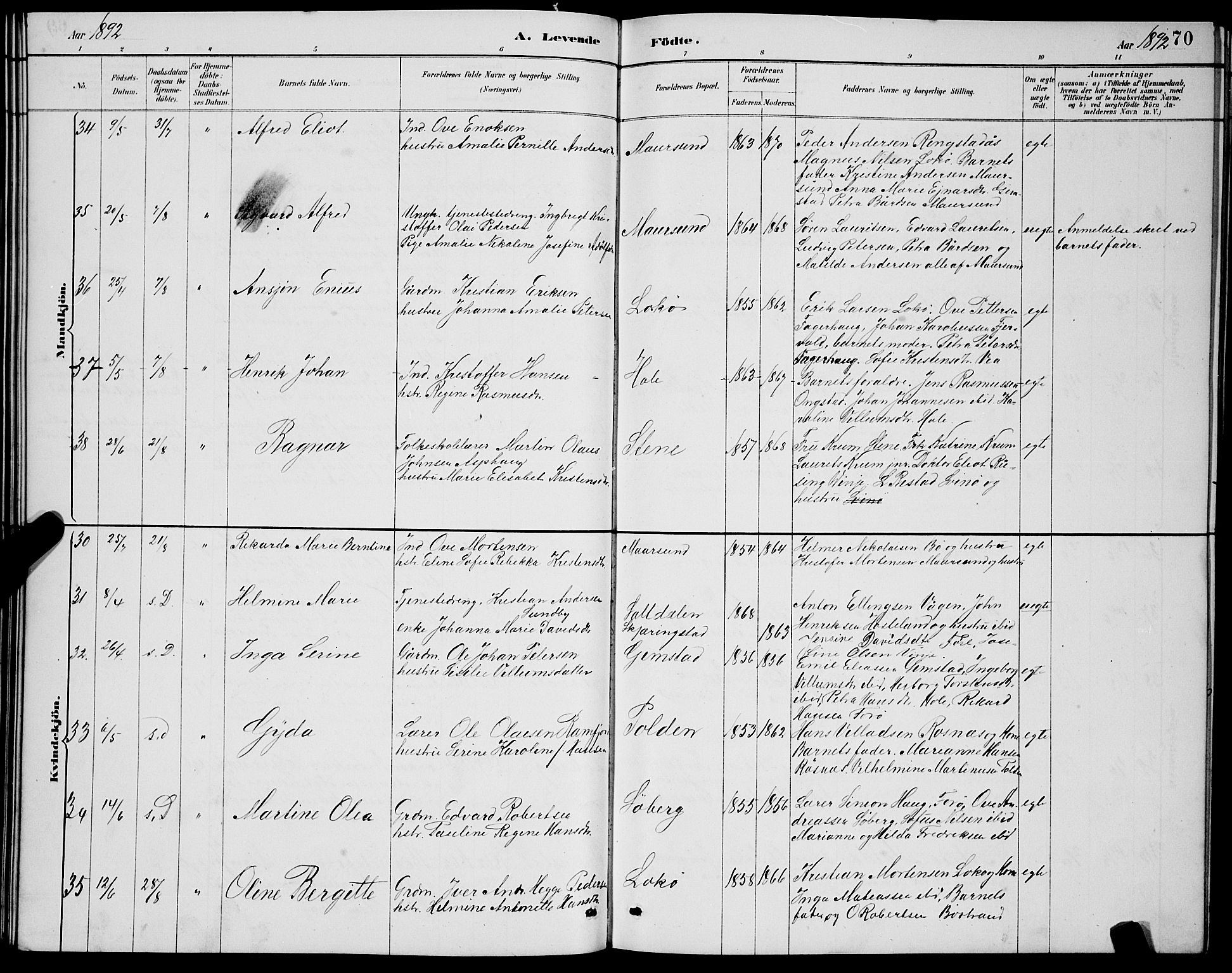 Ministerialprotokoller, klokkerbøker og fødselsregistre - Nordland, AV/SAT-A-1459/891/L1315: Klokkerbok nr. 891C04, 1886-1893, s. 70