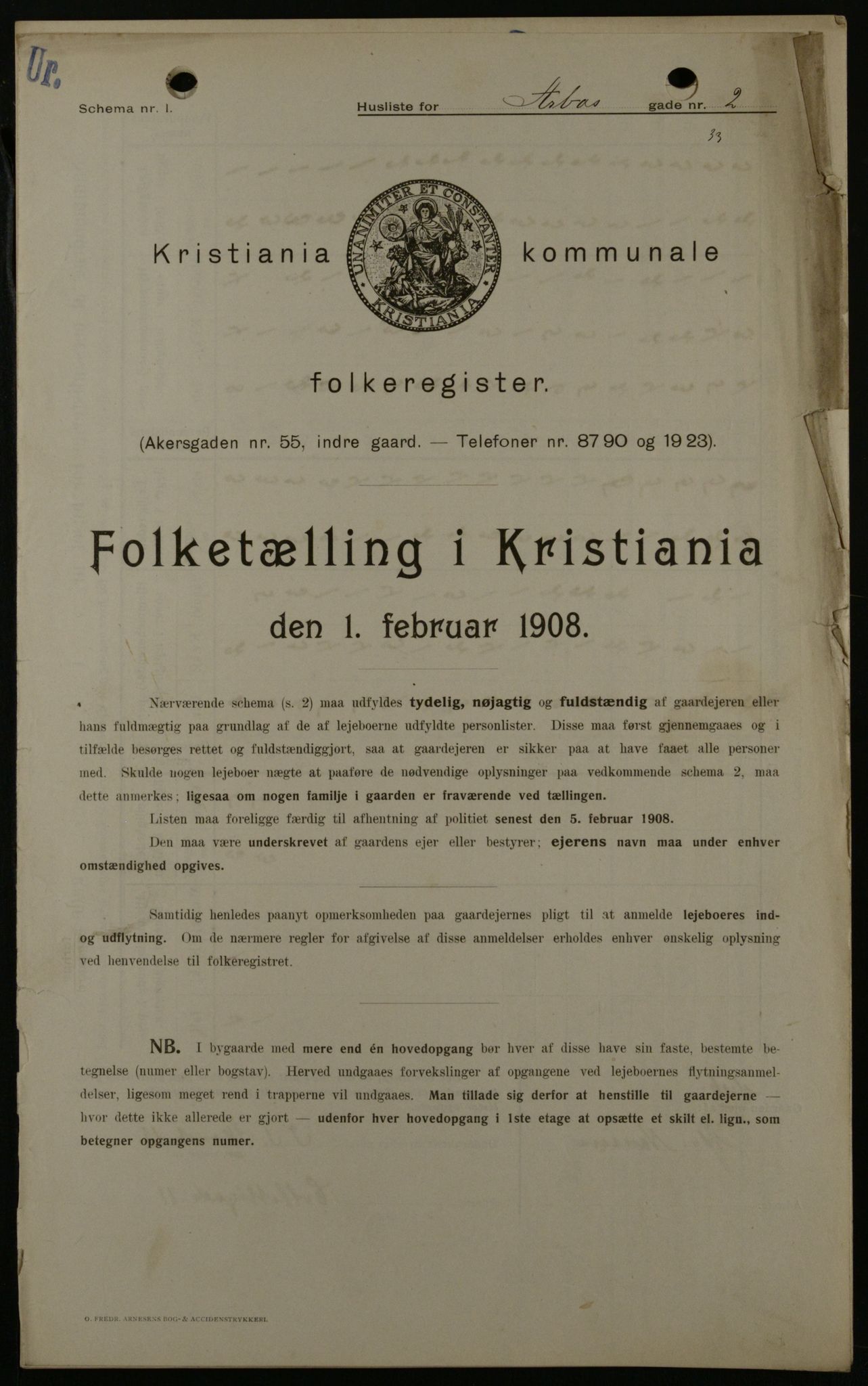 OBA, Kommunal folketelling 1.2.1908 for Kristiania kjøpstad, 1908, s. 2001