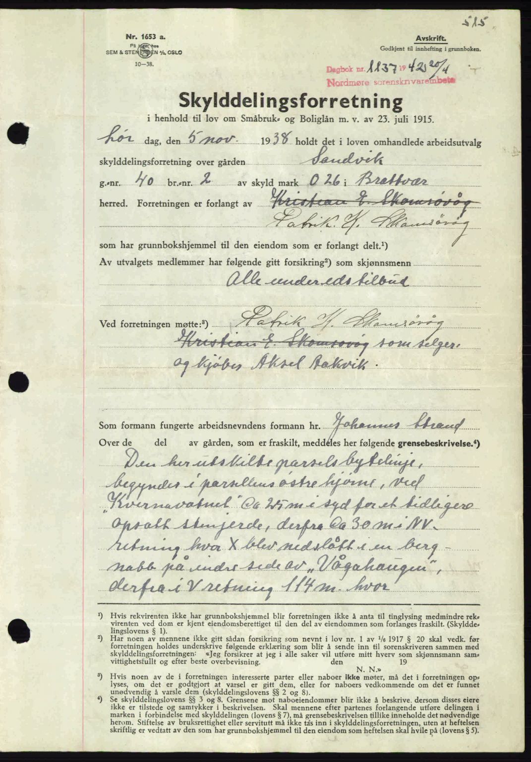 Nordmøre sorenskriveri, AV/SAT-A-4132/1/2/2Ca: Pantebok nr. A92, 1942-1942, Dagboknr: 1137/1942