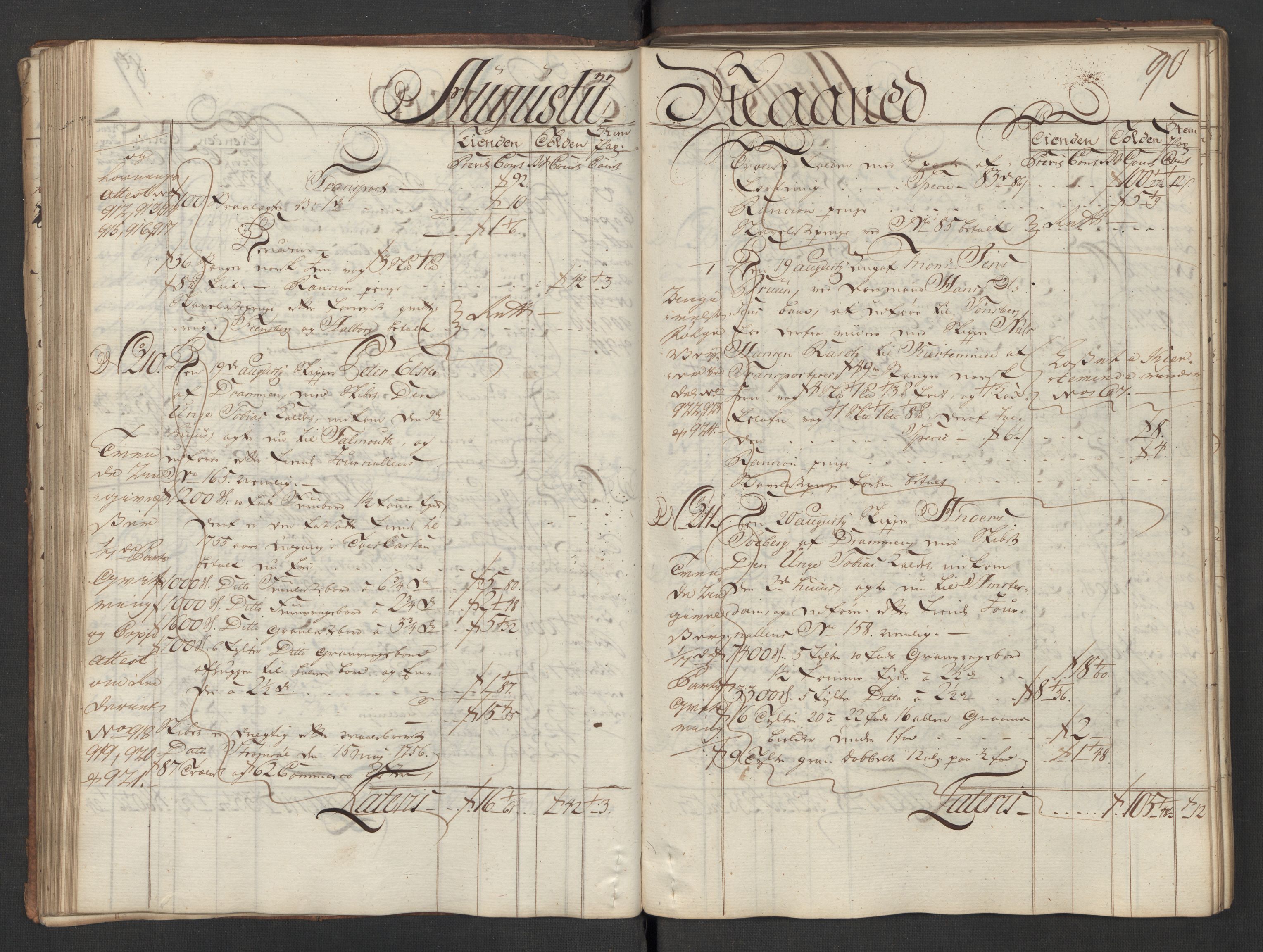 Generaltollkammeret, tollregnskaper, AV/RA-EA-5490/R08/L0035/0001: Tollregnskaper Drammen / Utgående hovedtollbok, 1756, s. 89b-90a