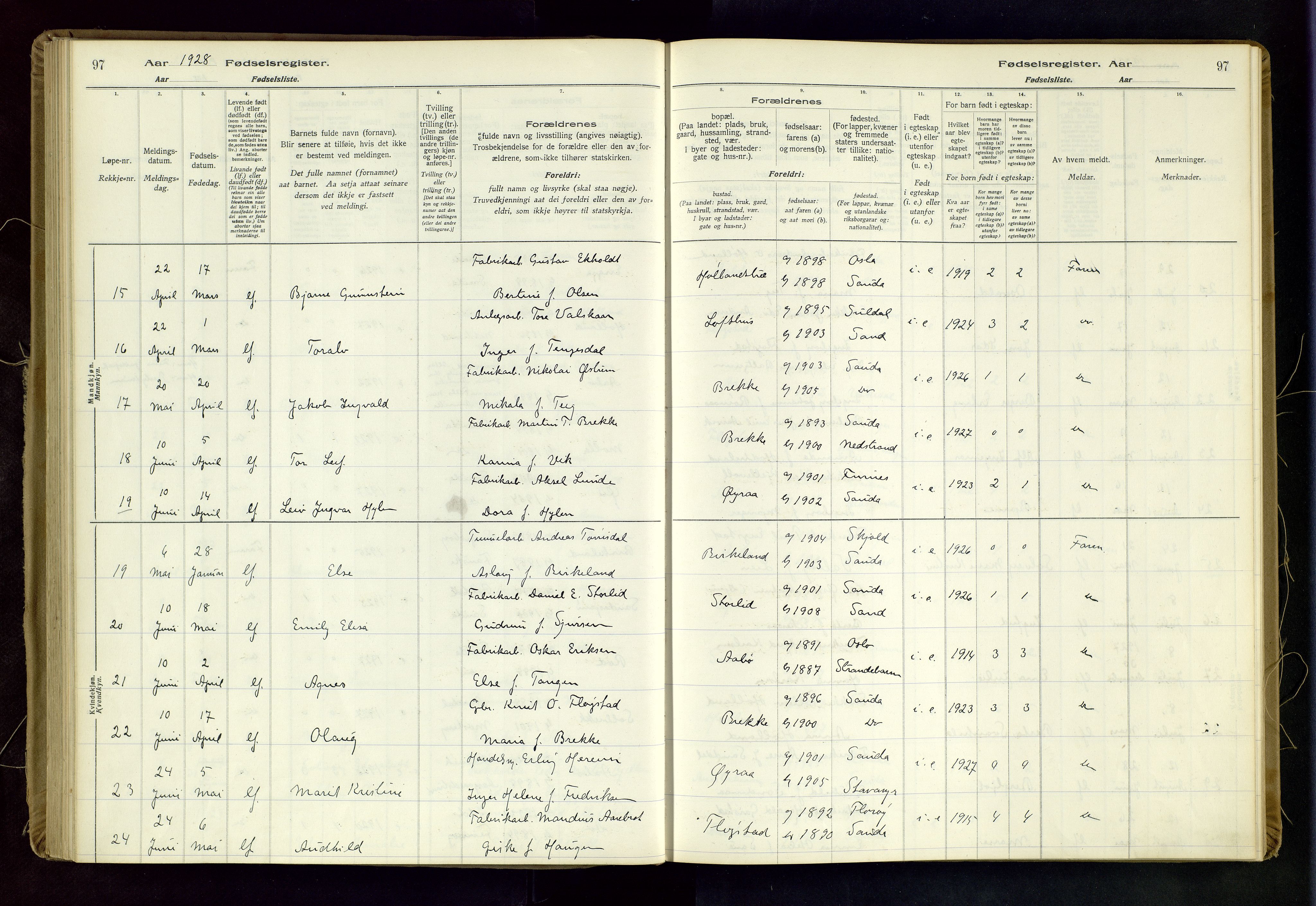 Sand sokneprestkontor, AV/SAST-A-101848/03/C/L0003: Fødselsregister nr. 3, 1916-1936, s. 97