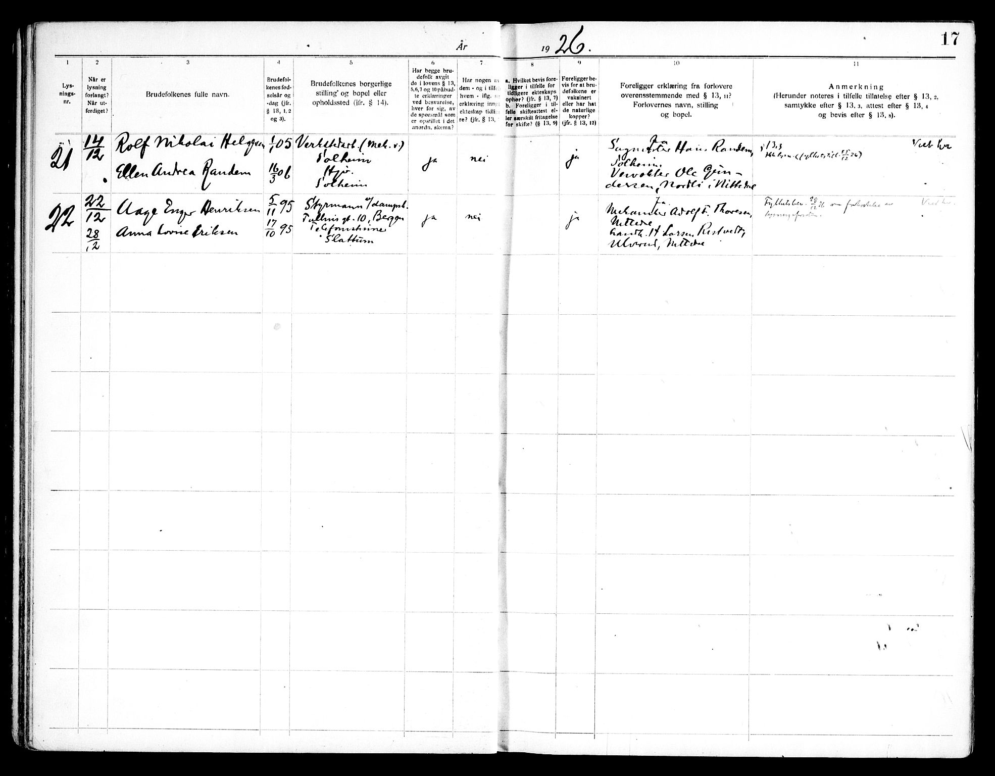 Nittedal prestekontor Kirkebøker, SAO/A-10365a/H/Ha/L0001: Lysningsprotokoll nr. 1, 1919-1953, s. 17