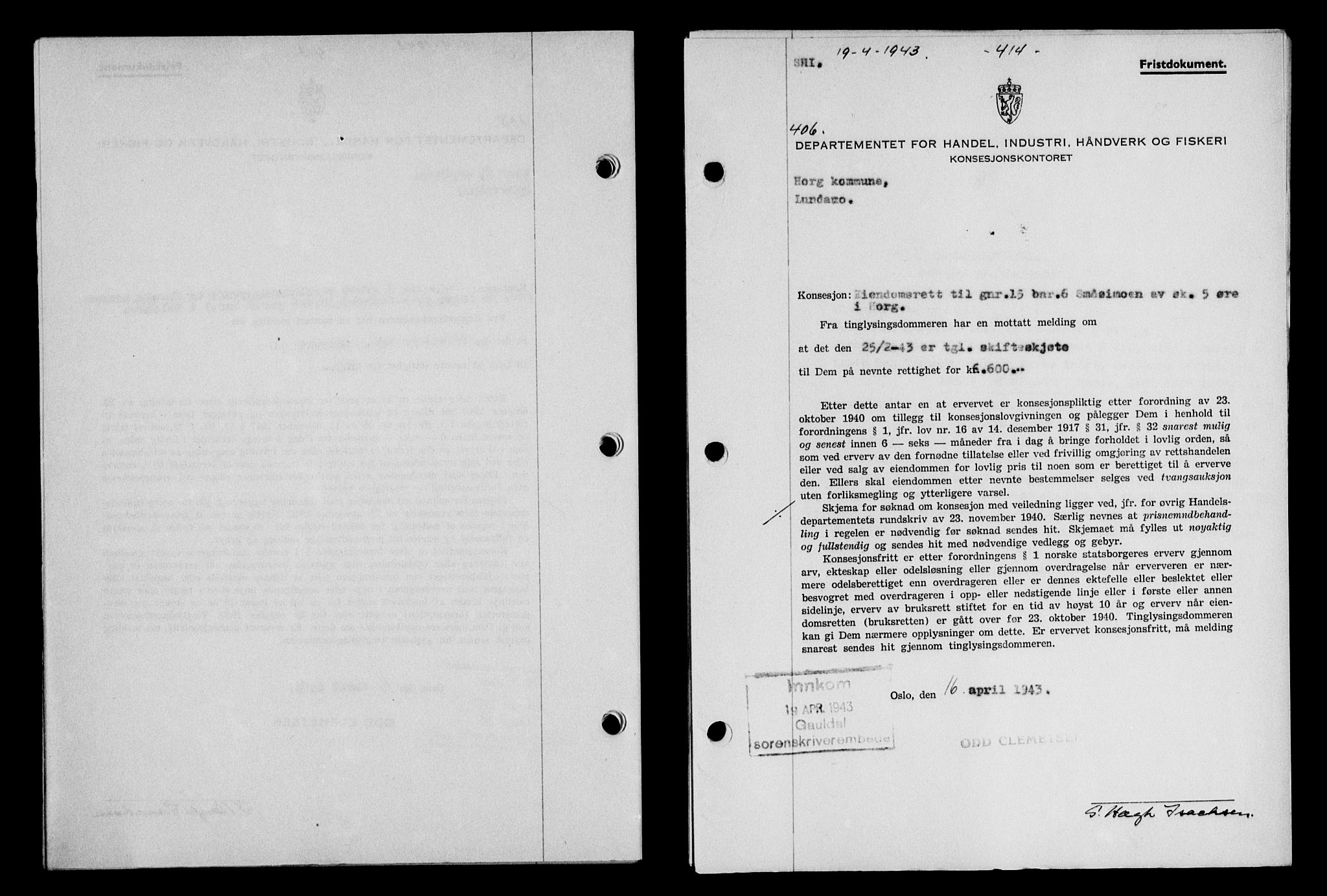 Gauldal sorenskriveri, SAT/A-0014/1/2/2C/L0056: Pantebok nr. 61, 1942-1943, Dagboknr: 406/1943