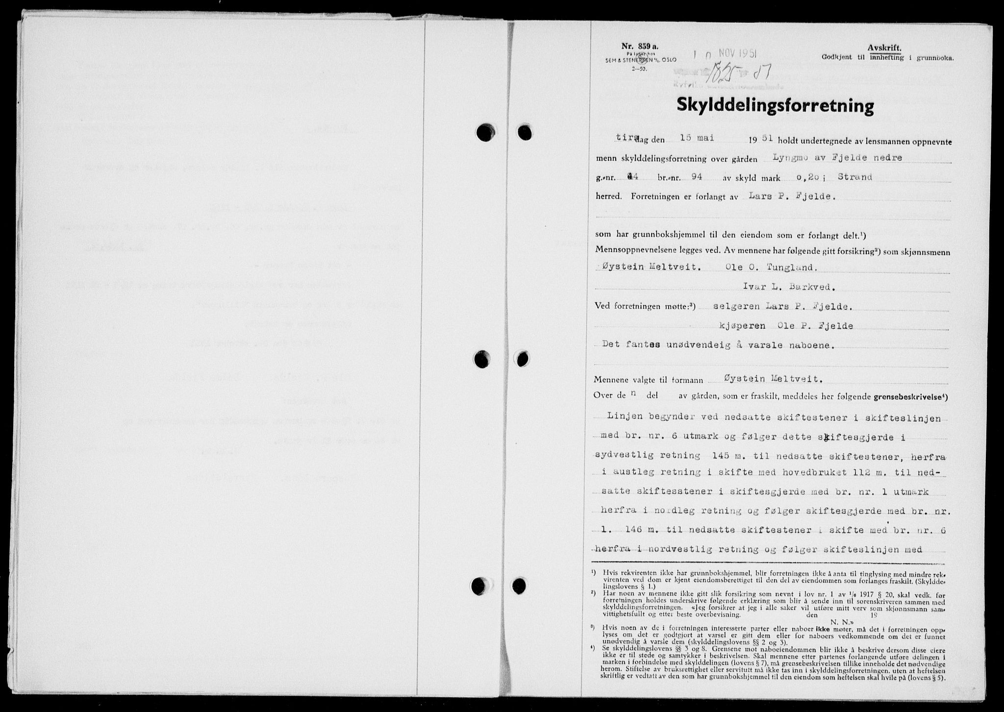 Ryfylke tingrett, SAST/A-100055/001/II/IIB/L0114: Pantebok nr. 93, 1951-1951, Dagboknr: 1825/1951