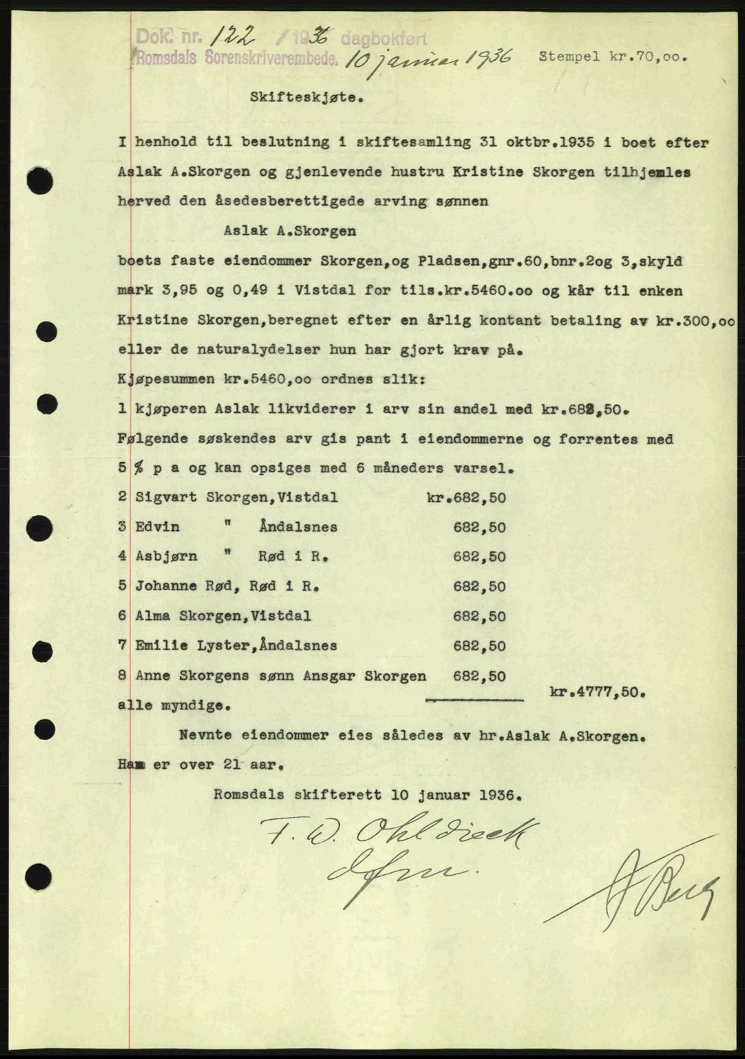 Romsdal sorenskriveri, AV/SAT-A-4149/1/2/2C: Pantebok nr. A1, 1936-1936, Dagboknr: 122/1936