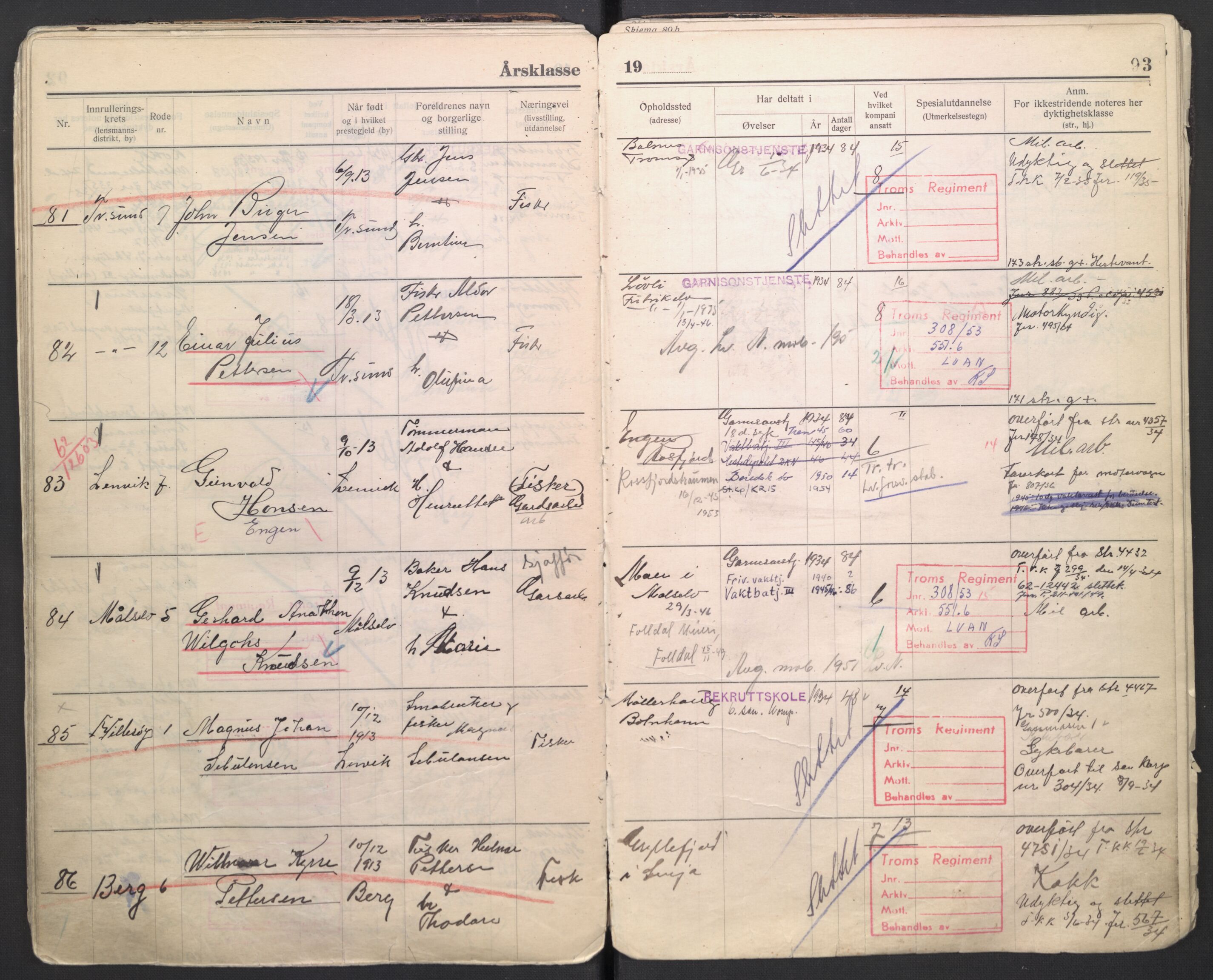 Forsvaret, Troms infanteriregiment nr. 16, AV/RA-RAFA-3146/P/Pa/L0006/0007: Ruller / Rulle for regimentets menige mannskaper, årsklasse 1934, 1934, s. 93