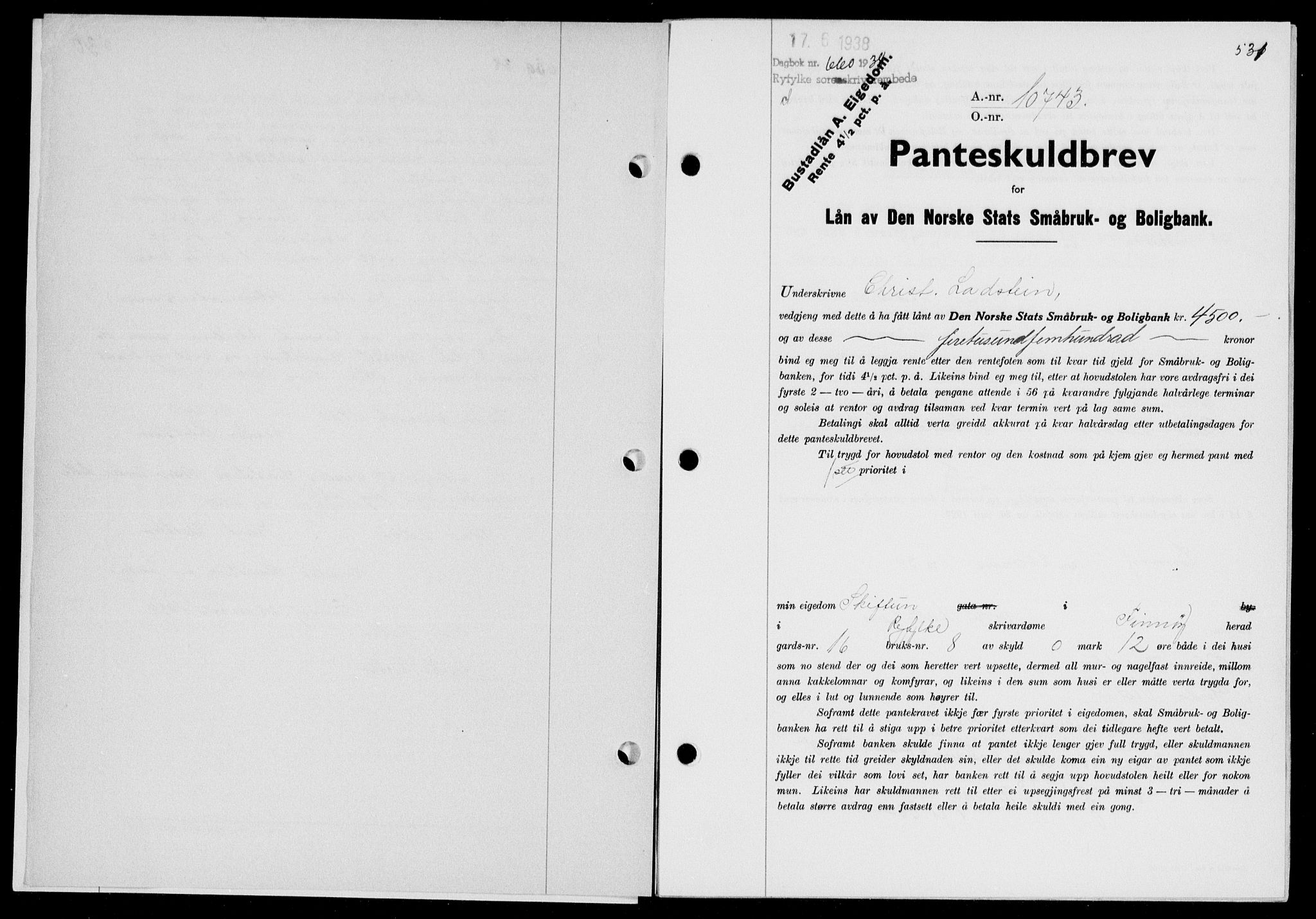 Ryfylke tingrett, SAST/A-100055/001/II/IIB/L0077: Pantebok nr. 56, 1938-1938, Dagboknr: 660/1938