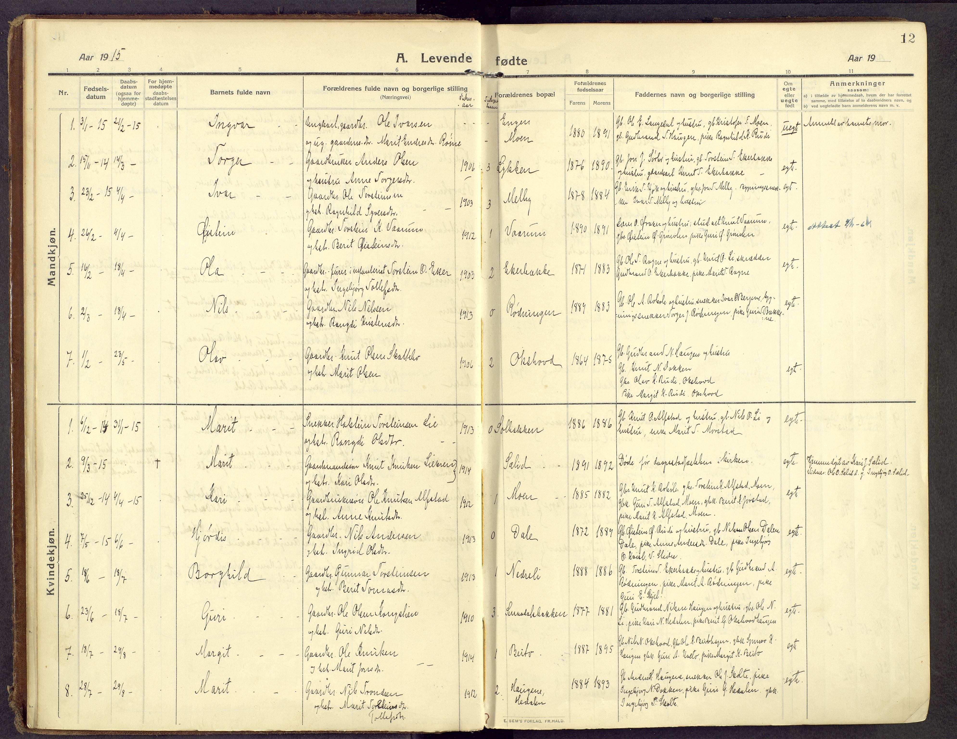 Øystre Slidre prestekontor, AV/SAH-PREST-138/H/Ha/Haa/L0007: Ministerialbok nr. 7, 1911-1931, s. 12