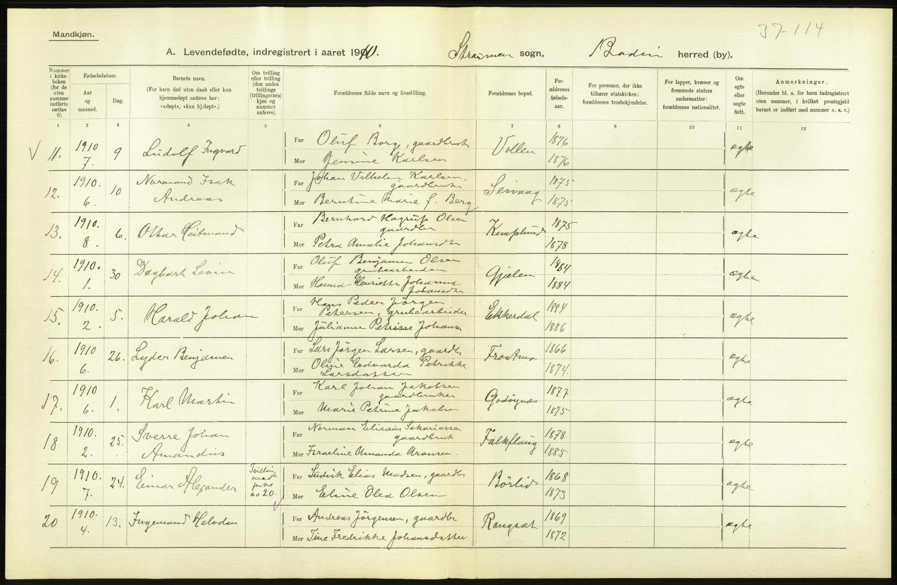 Statistisk sentralbyrå, Sosiodemografiske emner, Befolkning, AV/RA-S-2228/D/Df/Dfa/Dfah/L0040: Nordlands amt: Levendefødte menn og kvinner. Bygder., 1910, s. 28