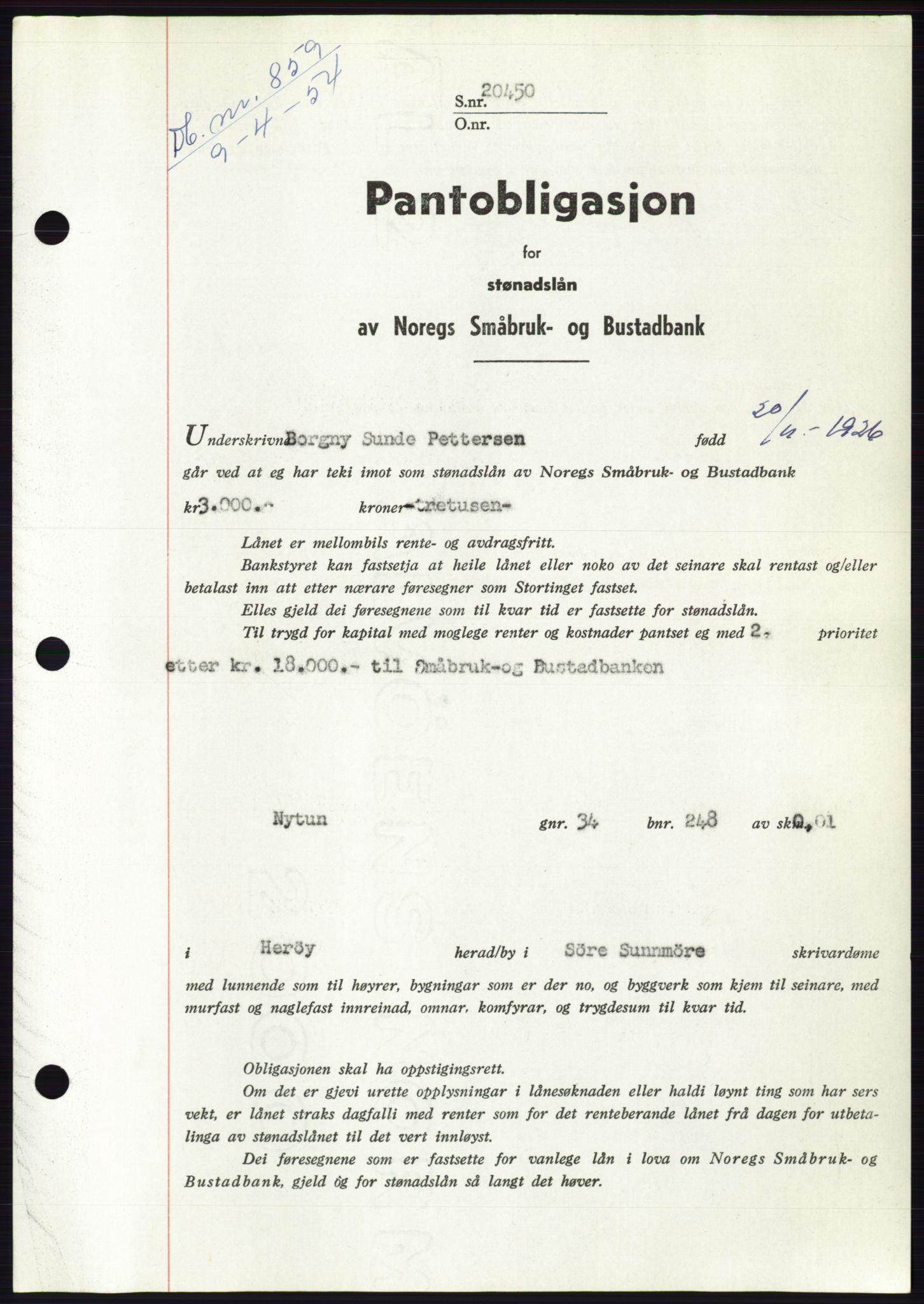 Søre Sunnmøre sorenskriveri, SAT/A-4122/1/2/2C/L0124: Pantebok nr. 12B, 1953-1954, Dagboknr: 859/1954