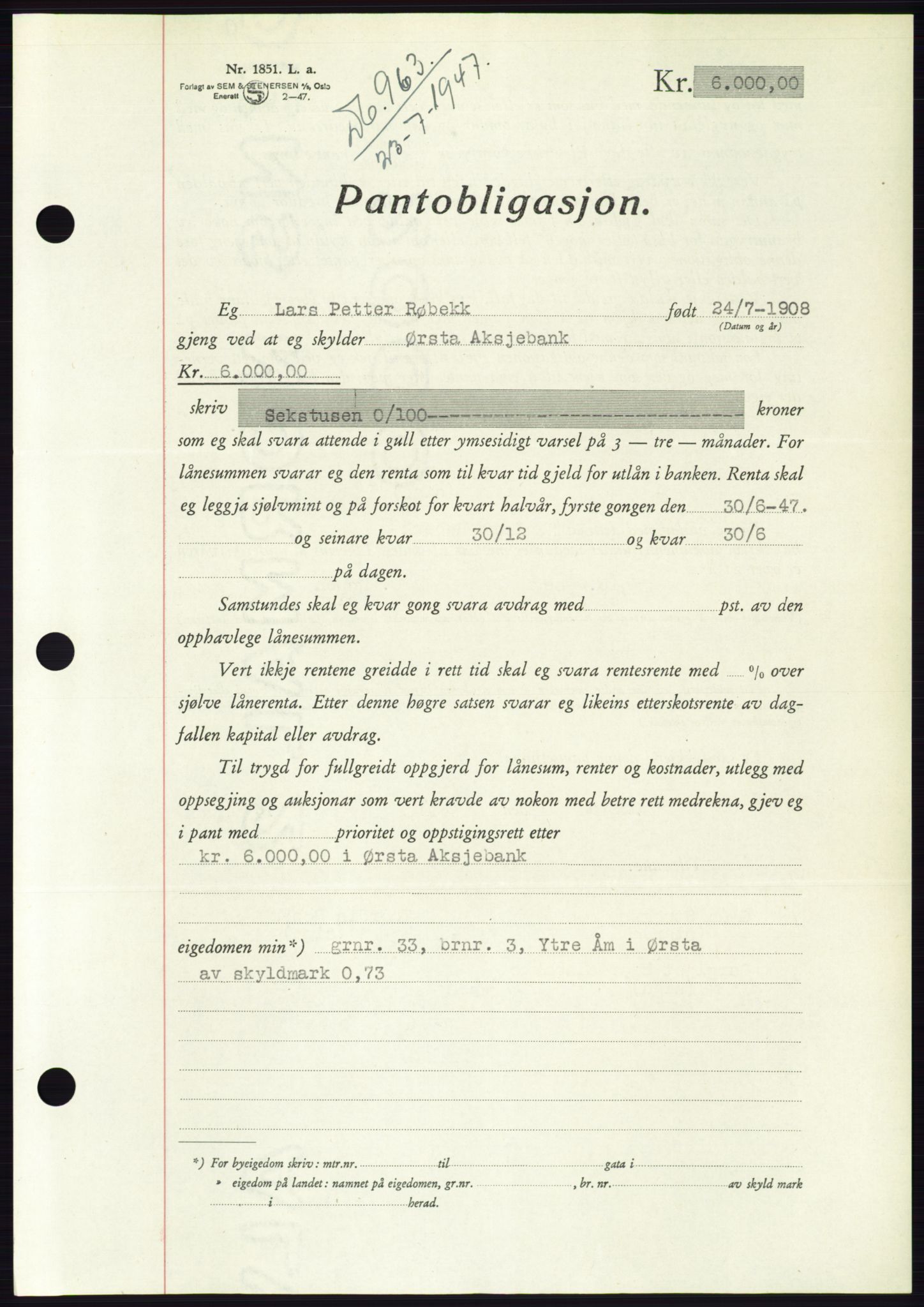 Søre Sunnmøre sorenskriveri, AV/SAT-A-4122/1/2/2C/L0115: Pantebok nr. 3B, 1947-1948, Dagboknr: 963/1947