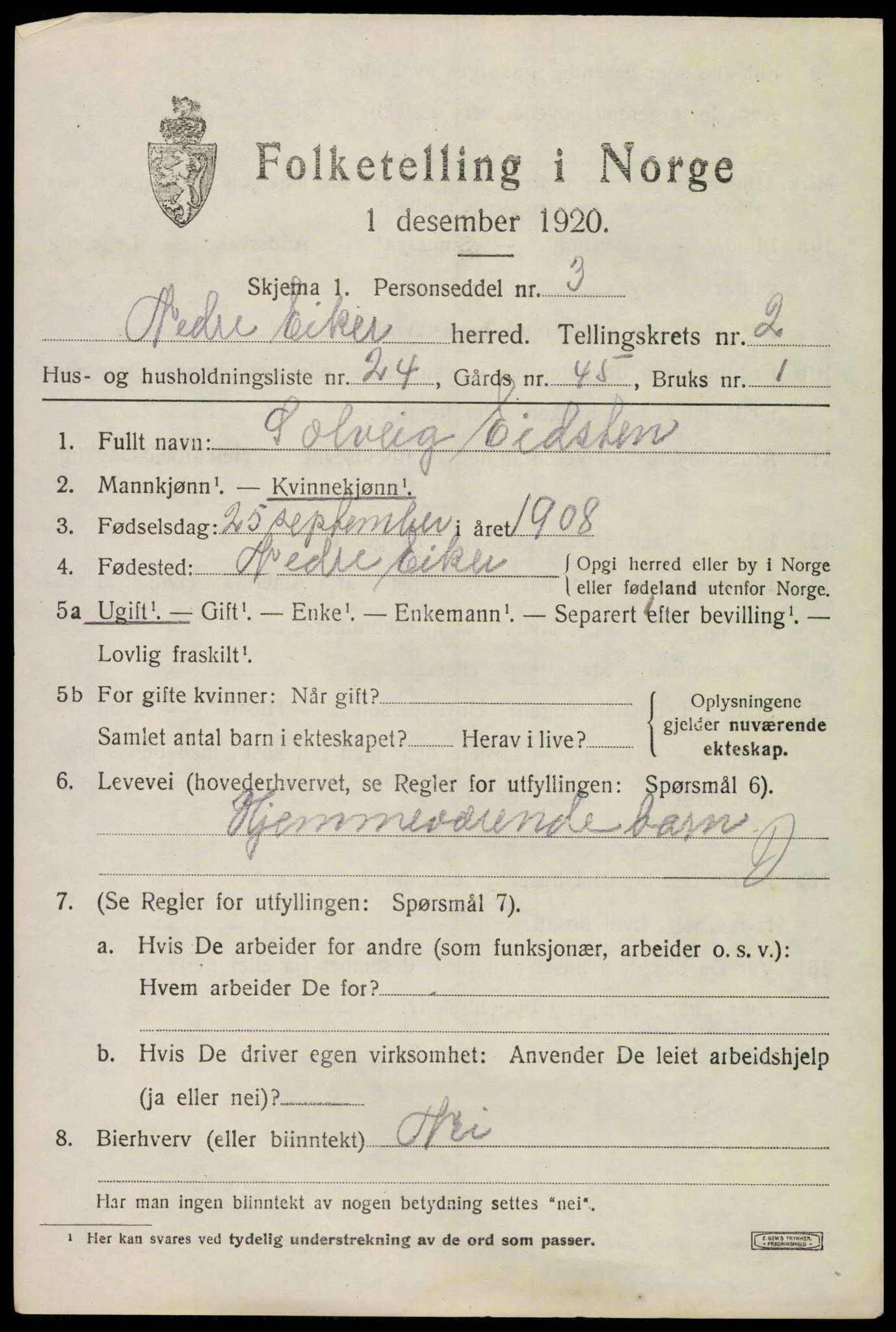 SAKO, Folketelling 1920 for 0625 Nedre Eiker herred, 1920, s. 3893