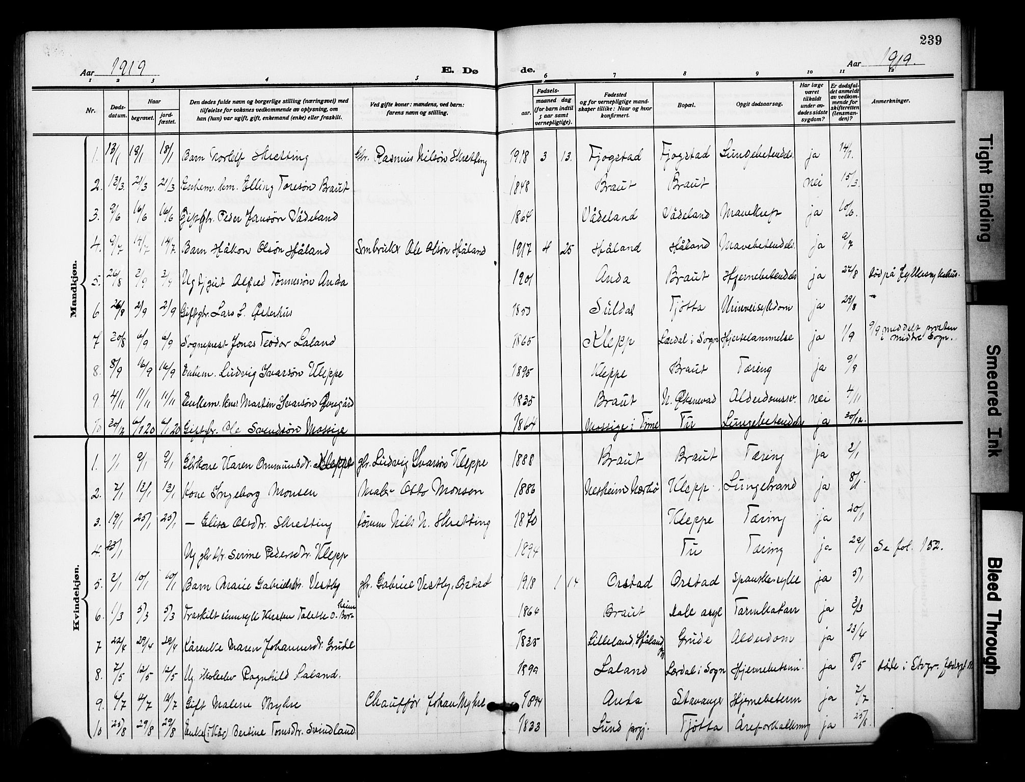 Klepp sokneprestkontor, AV/SAST-A-101803/001/3/30BB/L0007: Klokkerbok nr. B 7, 1908-1934, s. 239