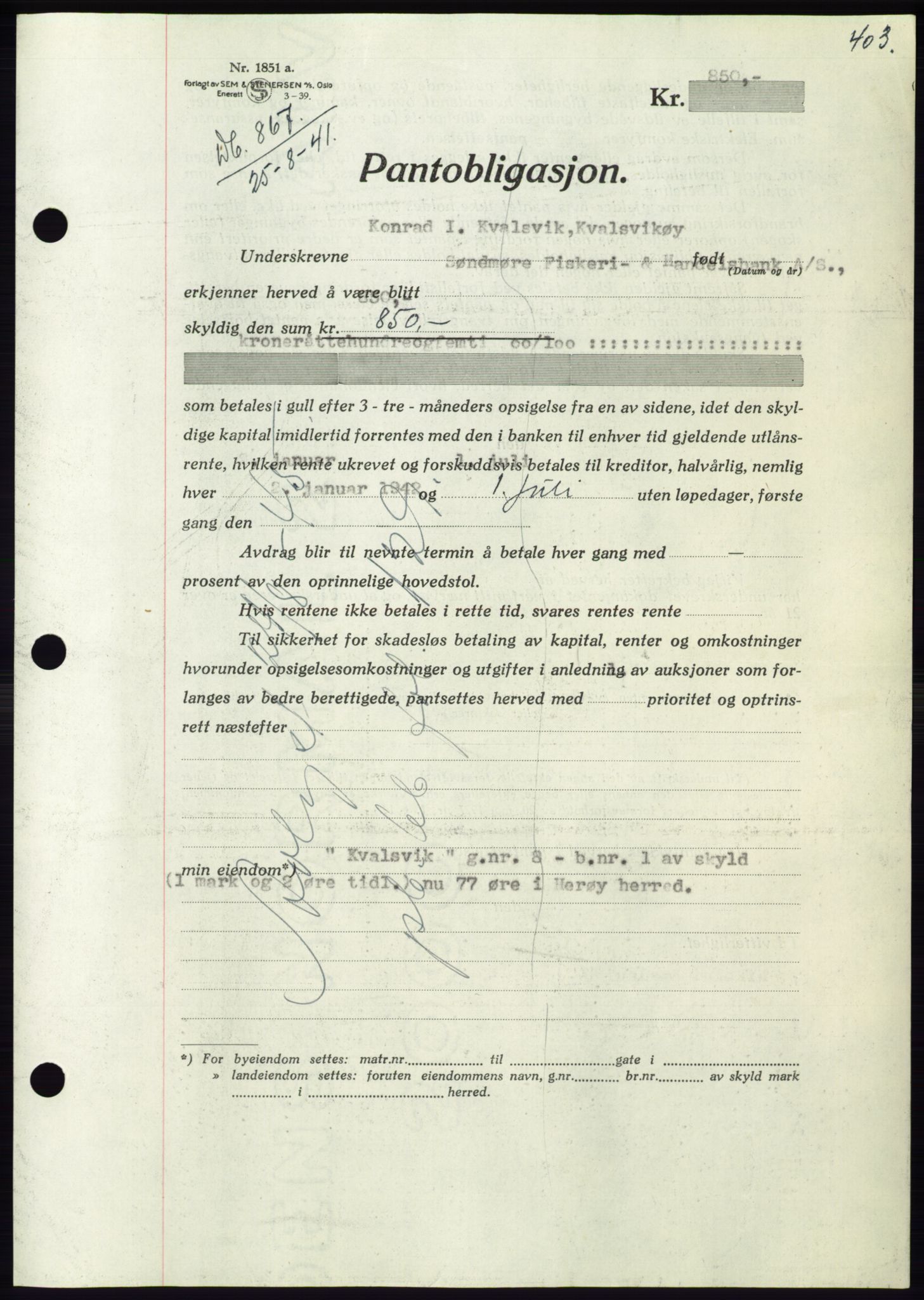 Søre Sunnmøre sorenskriveri, AV/SAT-A-4122/1/2/2C/L0071: Pantebok nr. 65, 1941-1941, Dagboknr: 867/1941