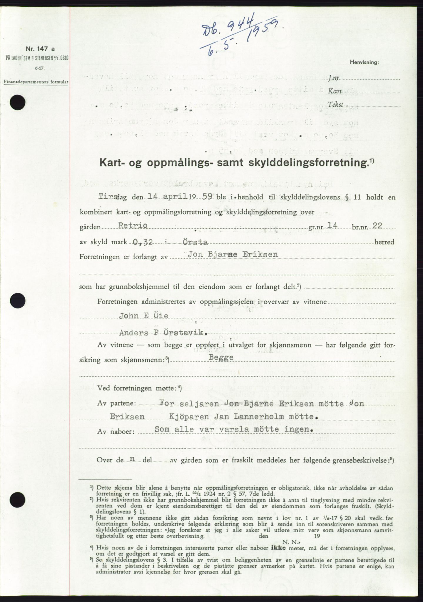 Søre Sunnmøre sorenskriveri, SAT/A-4122/1/2/2C/L0112: Pantebok nr. 38A, 1959-1959, Dagboknr: 944/1959