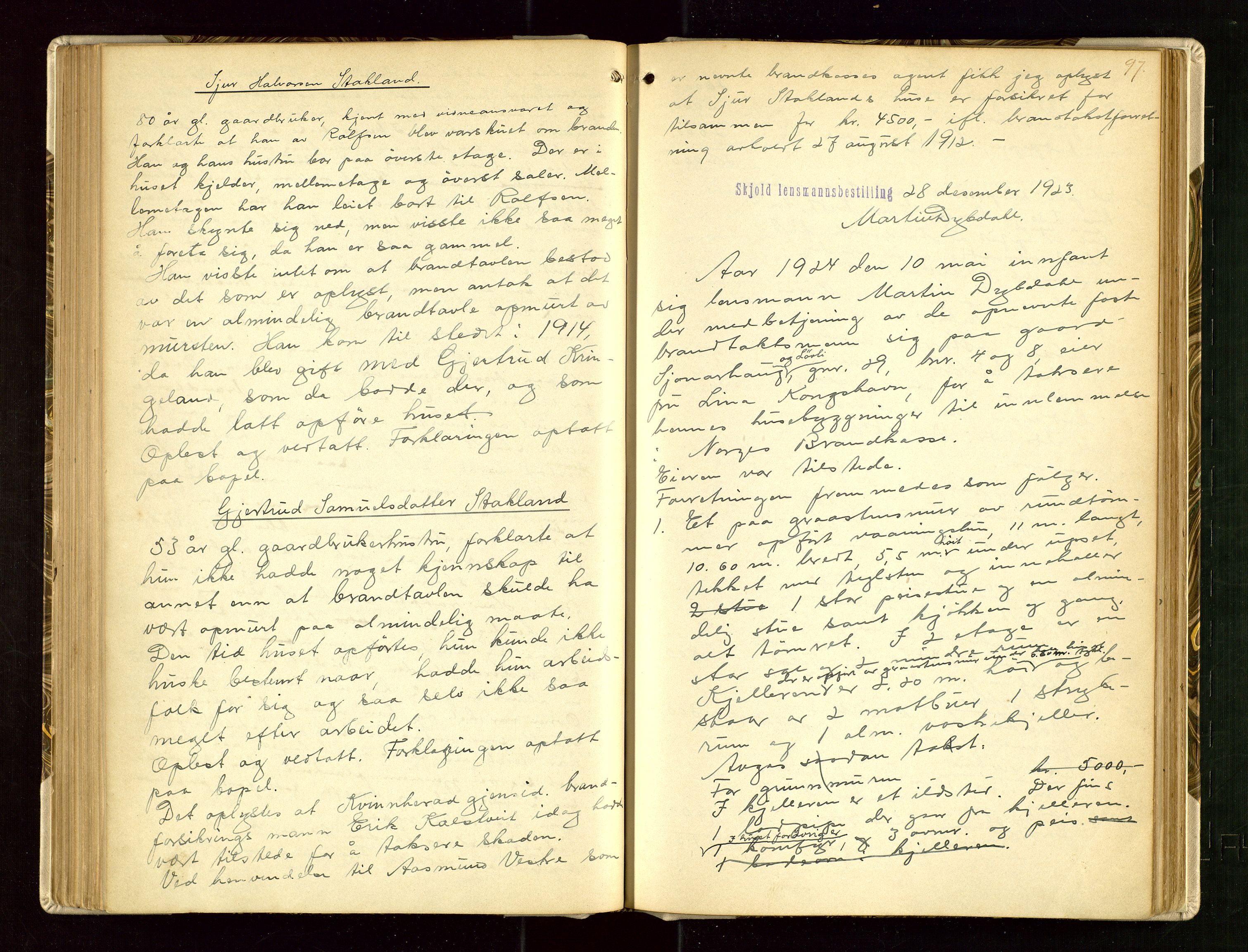 Skjold lensmannskontor, AV/SAST-A-100182/Goa/L0002: "Brandtaksasjons-Protokol for Skjolds Thinglag", 1890-1949, s. 96b-97a