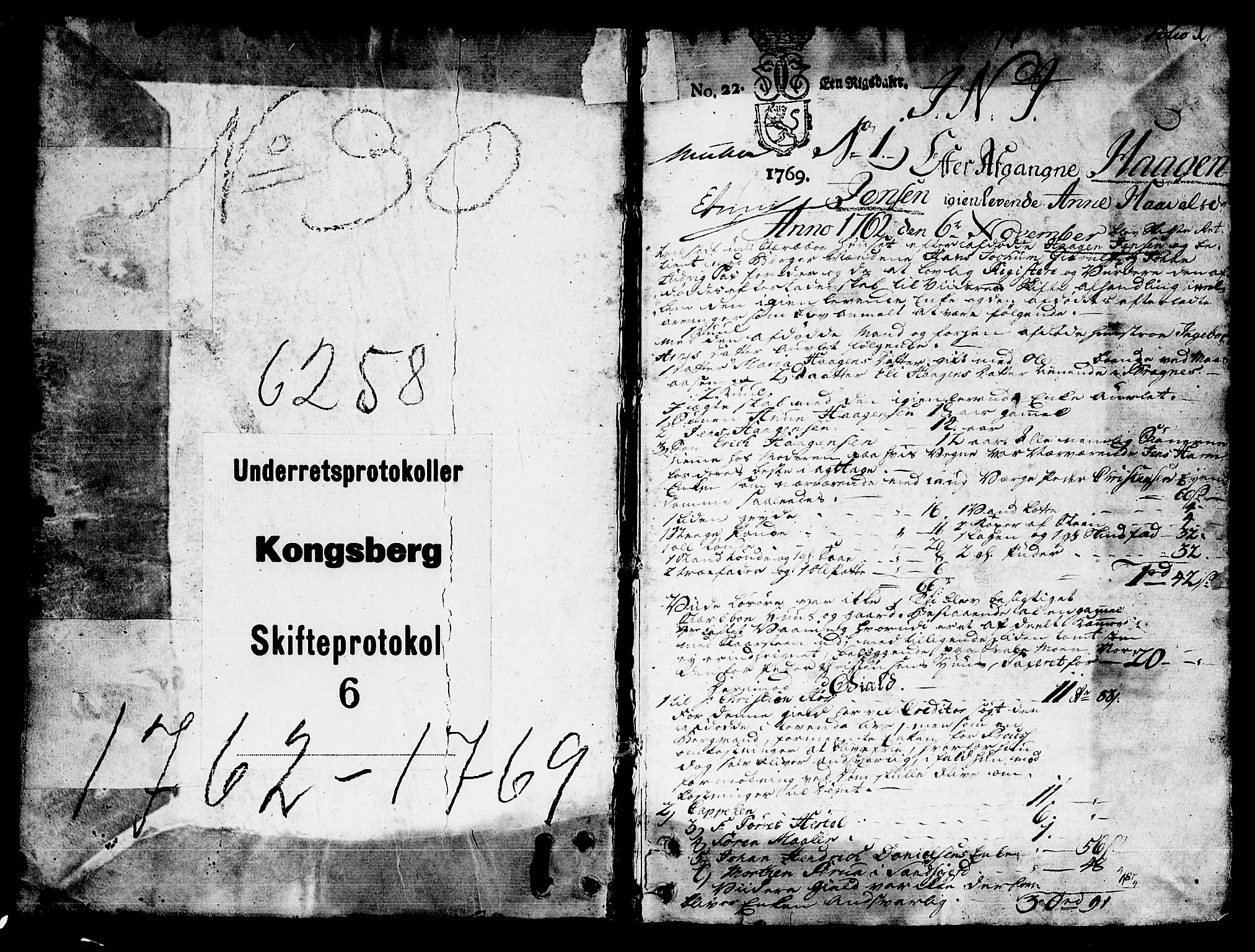 Kongsberg byfogd, AV/SAKO-A-84/H/Hb/L0007: Skifteprotokoll, 1762-1769, s. 0b-1a
