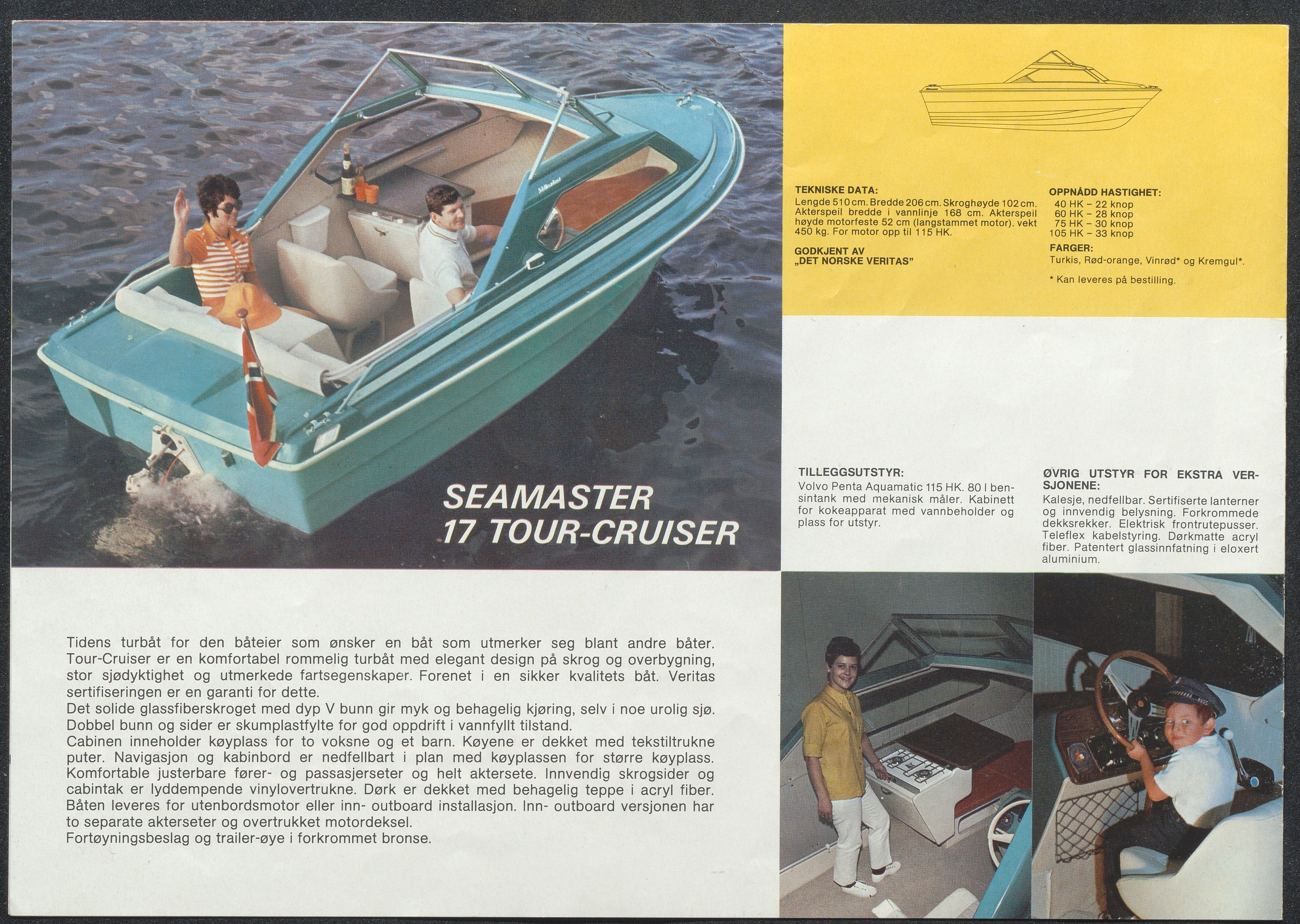 Skibsplast, AAKS/PA-2968/01/X/X01/L0001/0012: Brosjyrer / Seamaster 17 Tour-cruiser (1970-1976). Seamaster 17 Hardtop (1970/71-1975). Sport-Master 15 Hardtop (1970-1986). Sport-Master 15 VS (1971-1987). Sportsmann 14 (1971-1989). Sportsmann Junior 11' (1960-1964). , 1960-1989