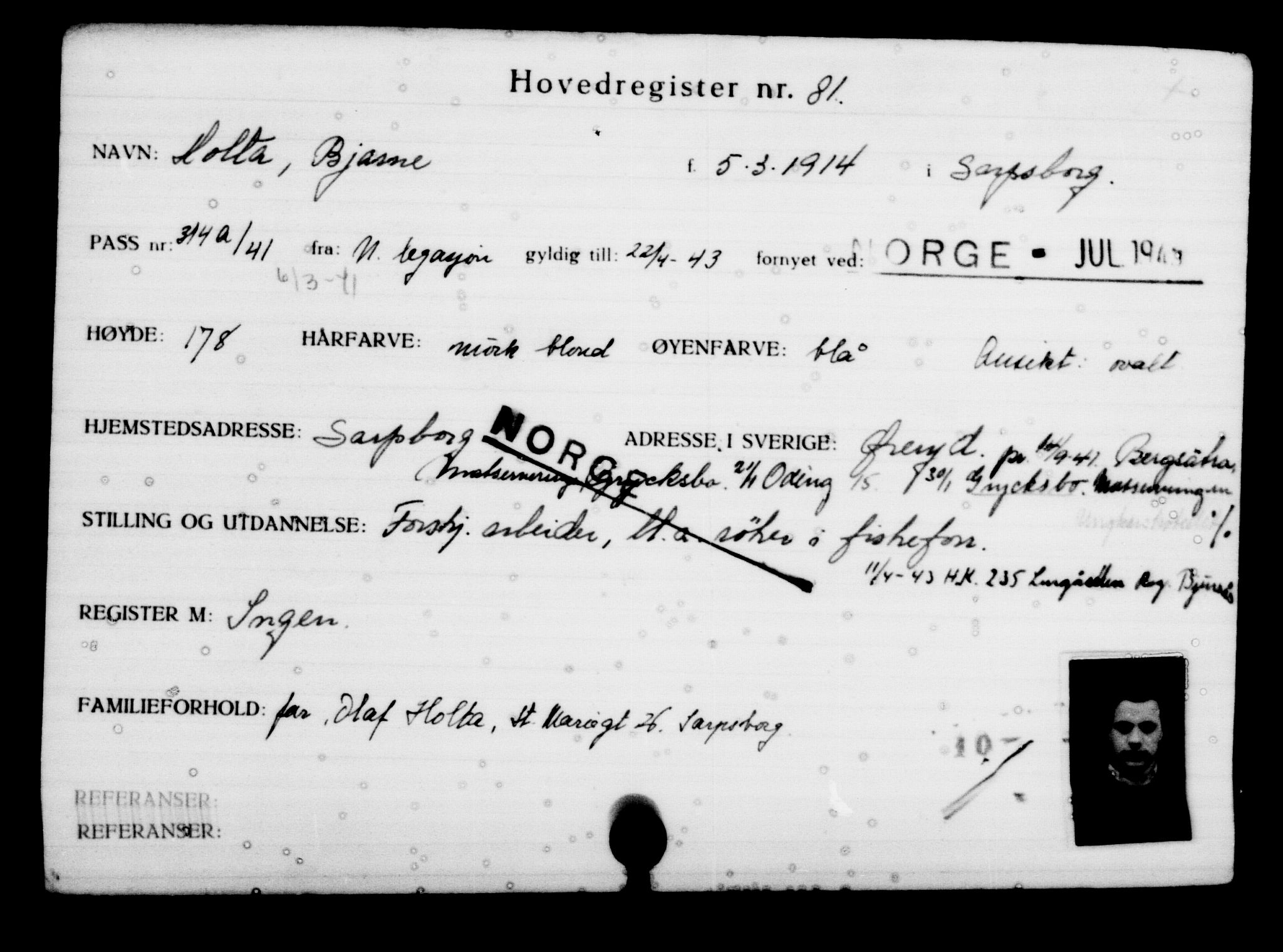 Utenriksstasjonene, Legasjonen i Stockholm, Flyktningkontoret, AV/RA-S-6753/V/Va/L0001: Kjesäterkartoteket, flyktninger med registreringsnr. 1-1000, 1940-1945, s. 139