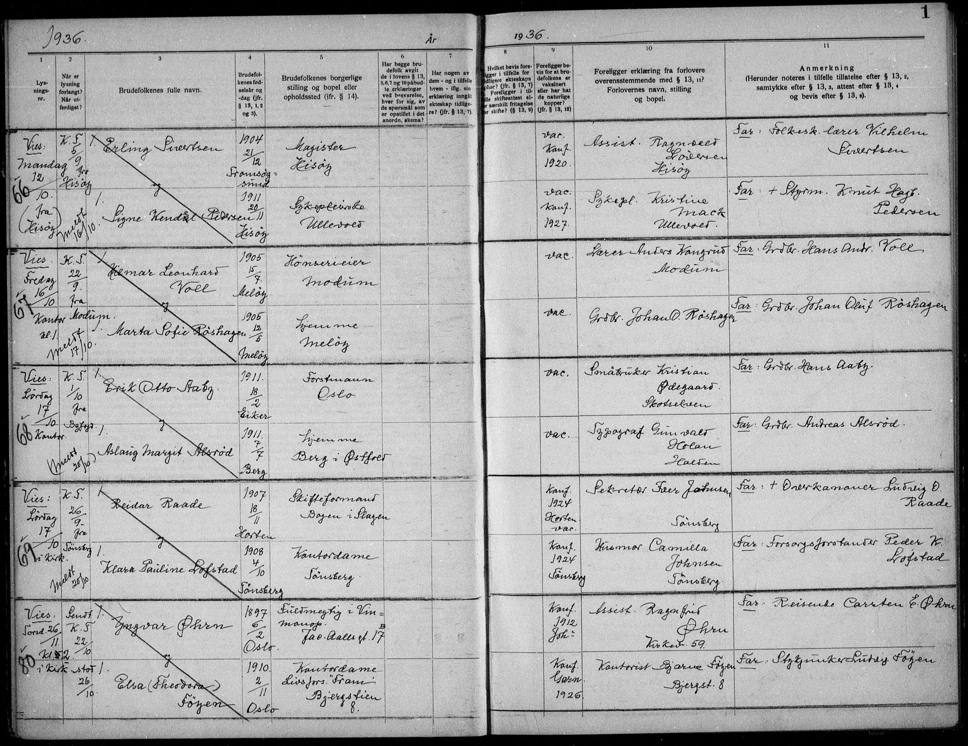 Garnisonsmenigheten Kirkebøker, AV/SAO-A-10846/H/Ha/L0012: Lysningsprotokoll nr. I 12, 1936-1938, s. 1