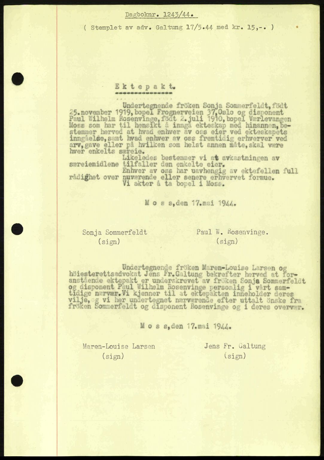 Moss sorenskriveri, SAO/A-10168: Pantebok nr. A12, 1943-1944, Dagboknr: 1243/1944