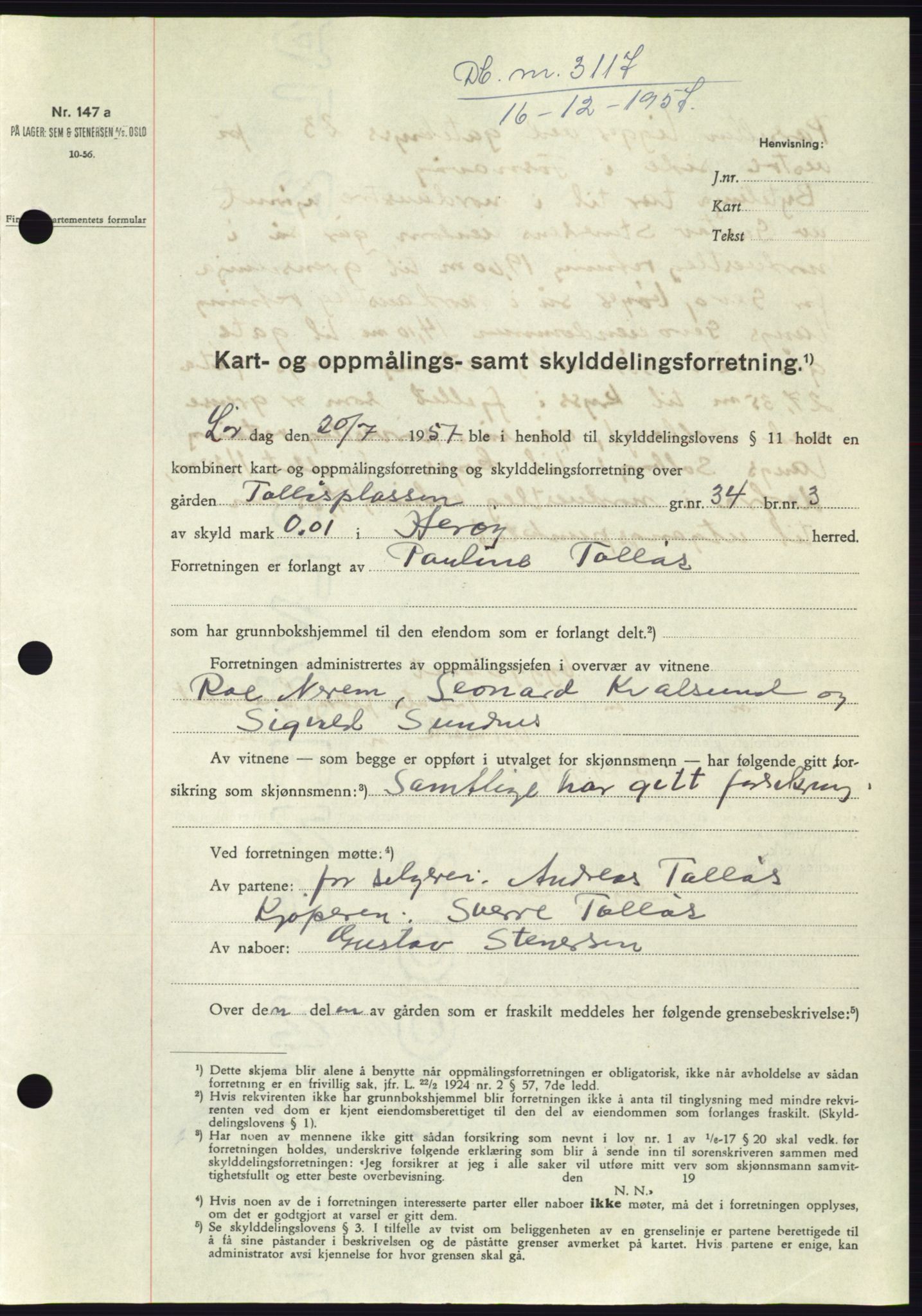 Søre Sunnmøre sorenskriveri, SAT/A-4122/1/2/2C/L0108: Pantebok nr. 34A, 1957-1958, Dagboknr: 3117/1957