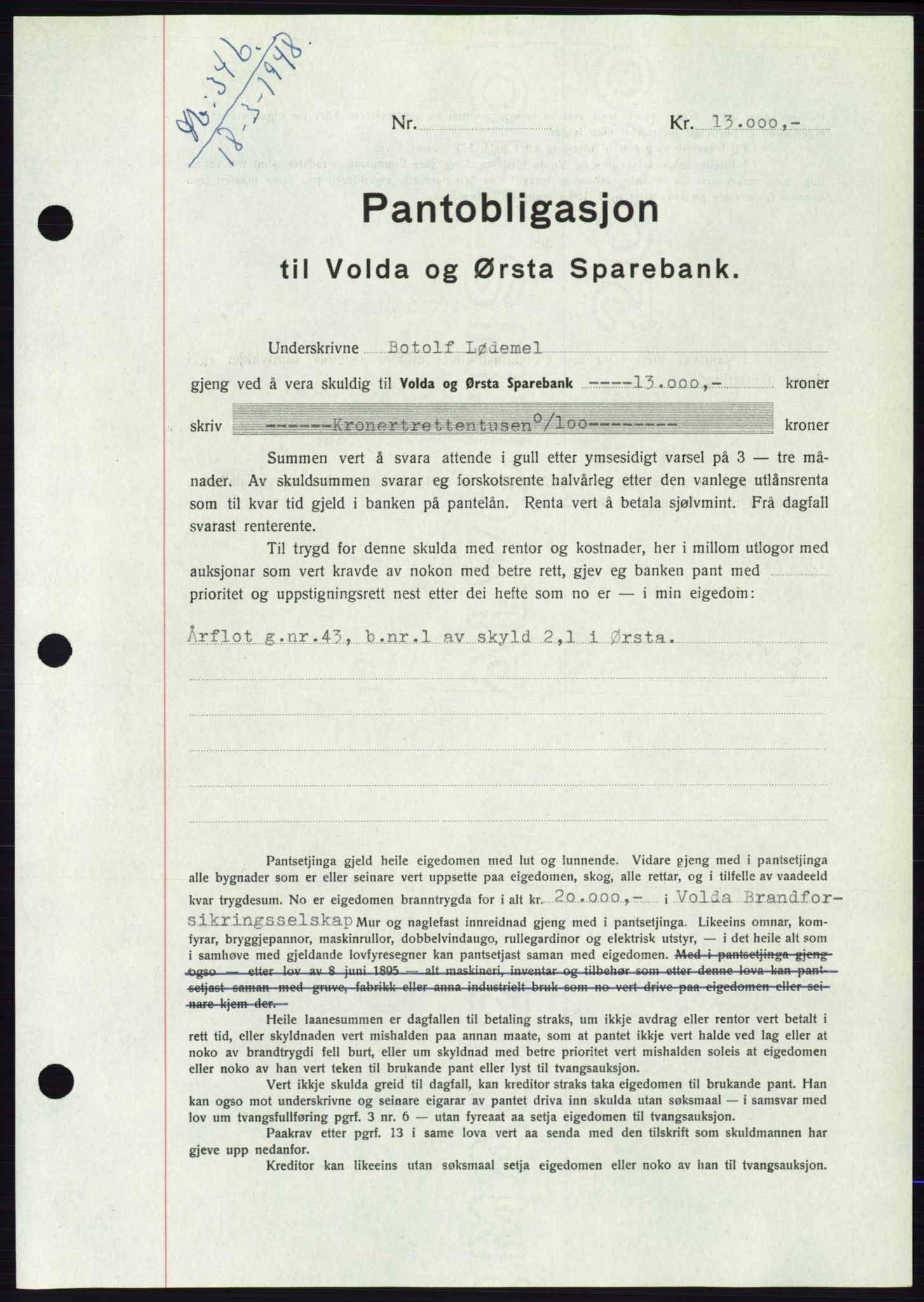 Søre Sunnmøre sorenskriveri, AV/SAT-A-4122/1/2/2C/L0115: Pantebok nr. 3B, 1947-1948, Dagboknr: 346/1948