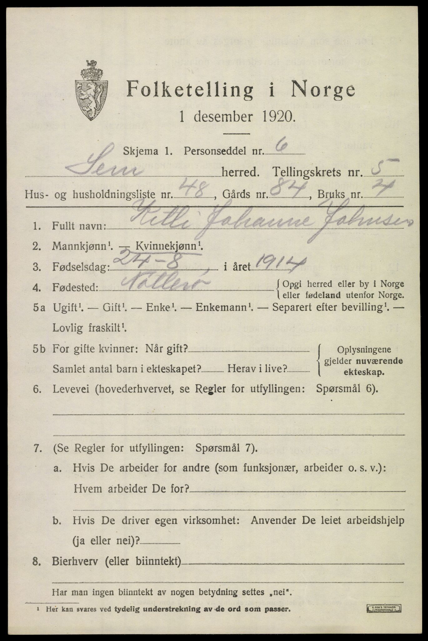 SAKO, Folketelling 1920 for 0721 Sem herred, 1920, s. 8345