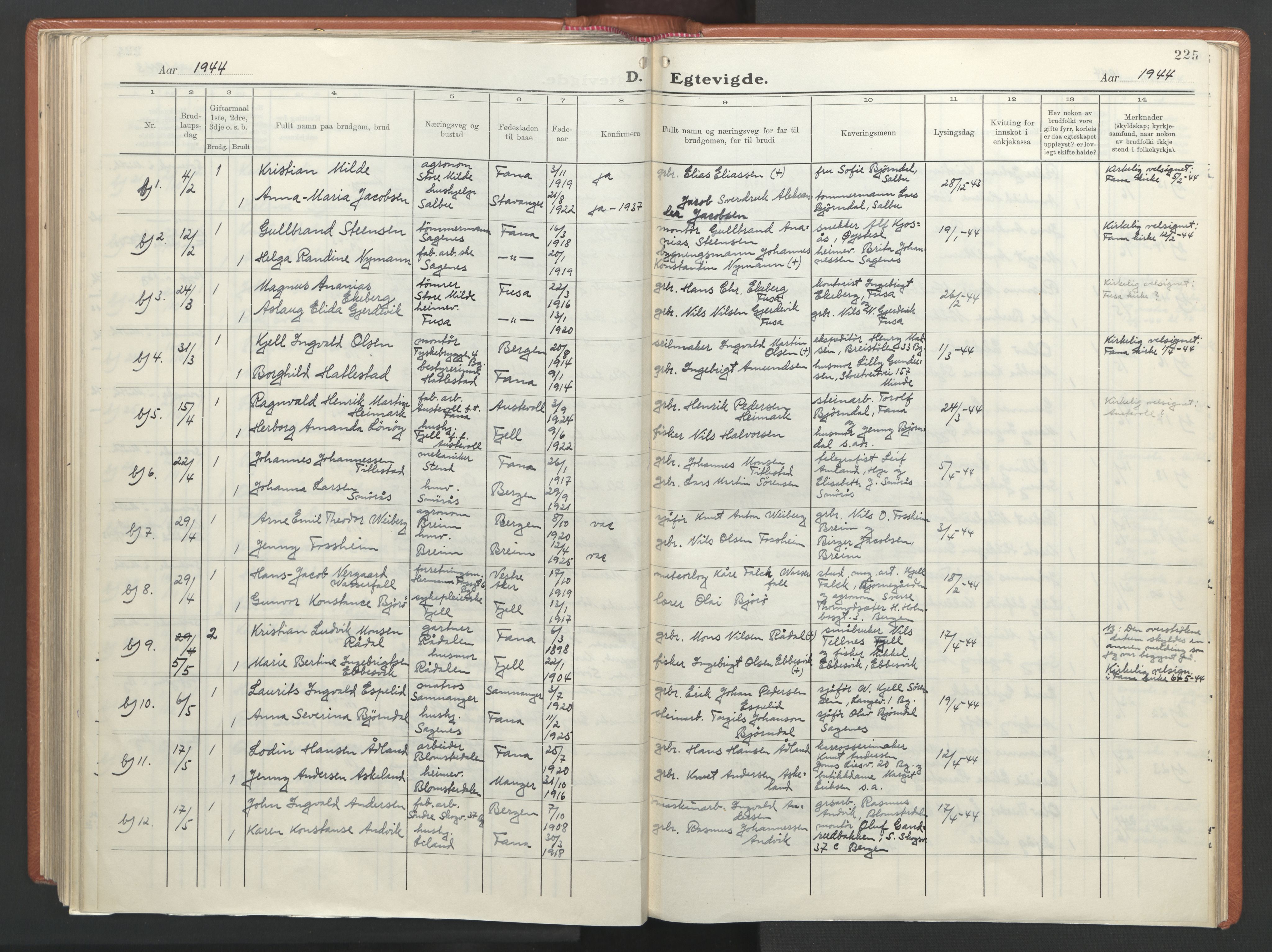 Fana Sokneprestembete, AV/SAB-A-75101/H/Haa/Haab/L0007: Ministerialbok nr. B 7, 1934-1947, s. 225