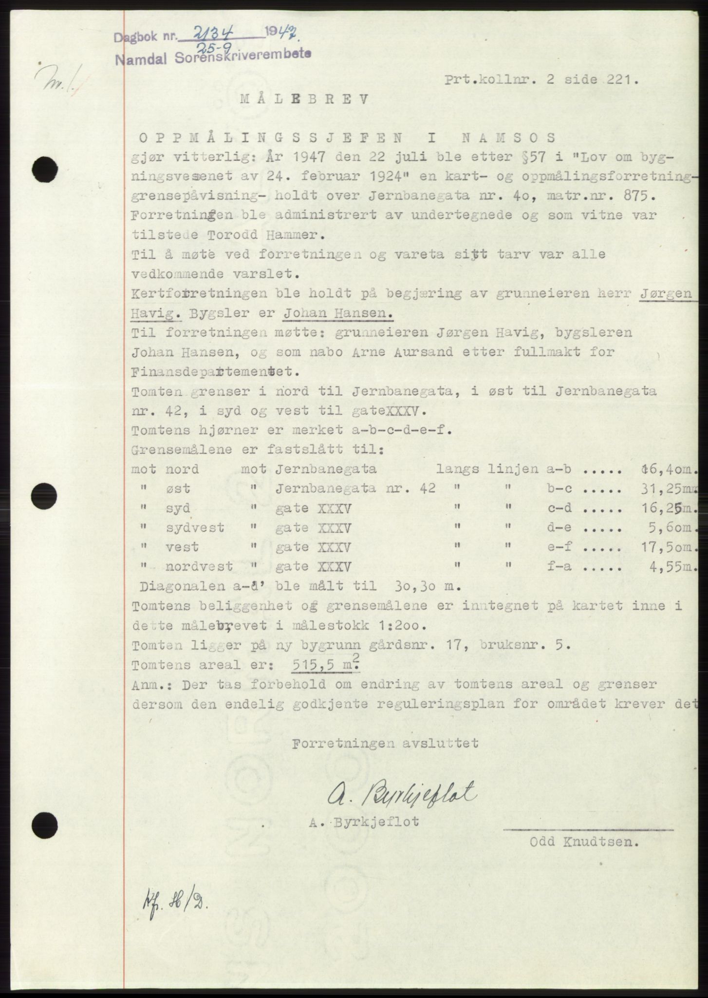 Namdal sorenskriveri, SAT/A-4133/1/2/2C: Pantebok nr. -, 1947-1947, Dagboknr: 2134/1947