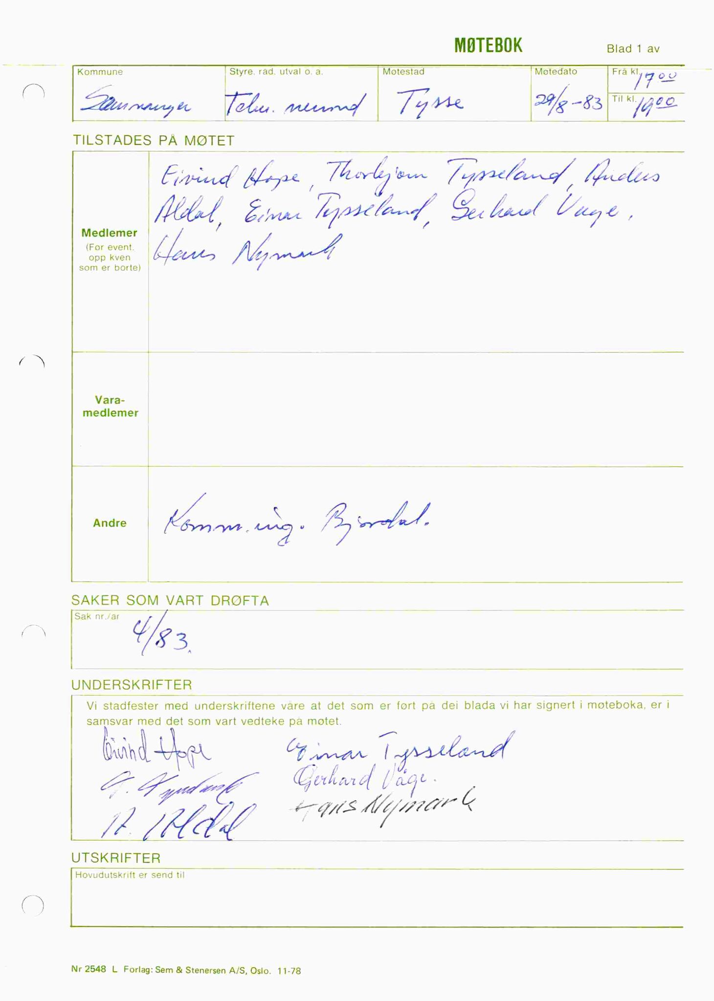 Samnanger kommune. Teknisk utval, IKAH/1242-513/A/Aa/L0003: Møtebok for teknisk nemnd, 1982-1983